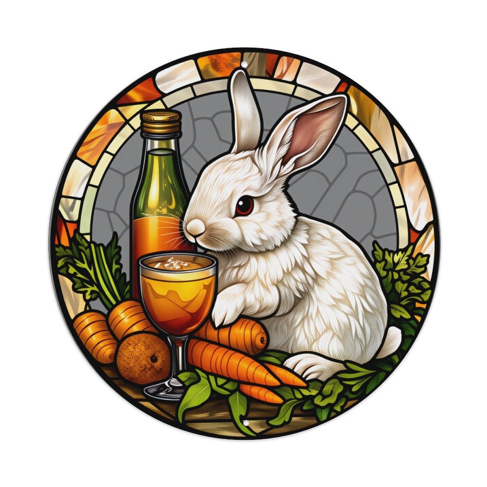 Stained Glass Rabbit Carrot Wine Bottle Round Tin Sign Vintage Metal Poster Retro Bar, Home, Man Cave, Kitchen, Laundry Room Wall Art Decor Gift 8x8Inch