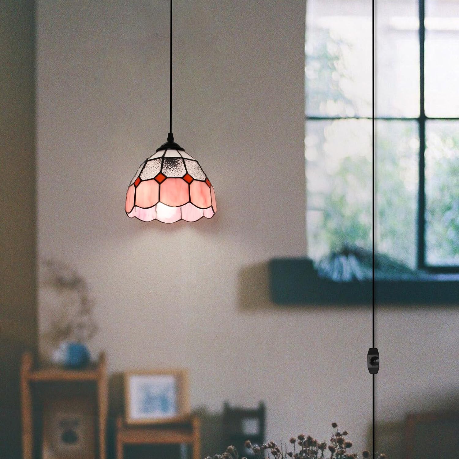 HuisMier Tiffany Hanging Pendant Light, Dimmable Pink Mini Plug in Light Fixture with 15 Ft Hanging Cord, Stained Glass Hanging Lamp for Bedroom Kitchen Dining Room Office, 7.9" Width