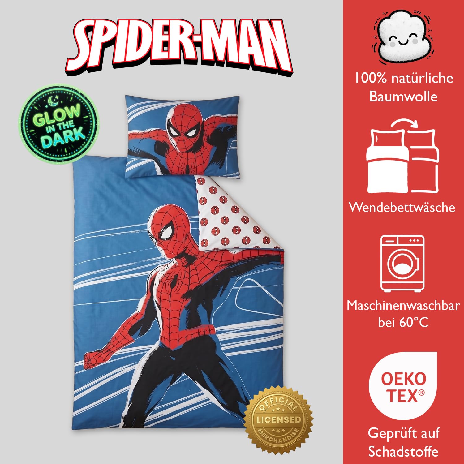 Parure de lit pour berceau Spiderman 100x135 cm + Taie d'oreiller 40x60 cm, 100% coton | Ensemble de literie pour bébé style phosphorescent parfait pour les enfants | Parure de lit pour berceau