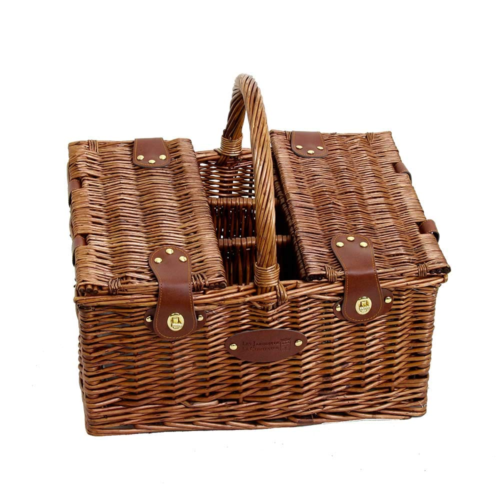 Les Jardins de la Comtesse - Cestino da Picnic Saint-Germain Verde - Vimini Natural - Completo/4 Pers - Scomparto Isotermico - Piatti in Ceramica/Bicchieri da Vino - Tessuto Marrone - 46 x 36 x 24 cm