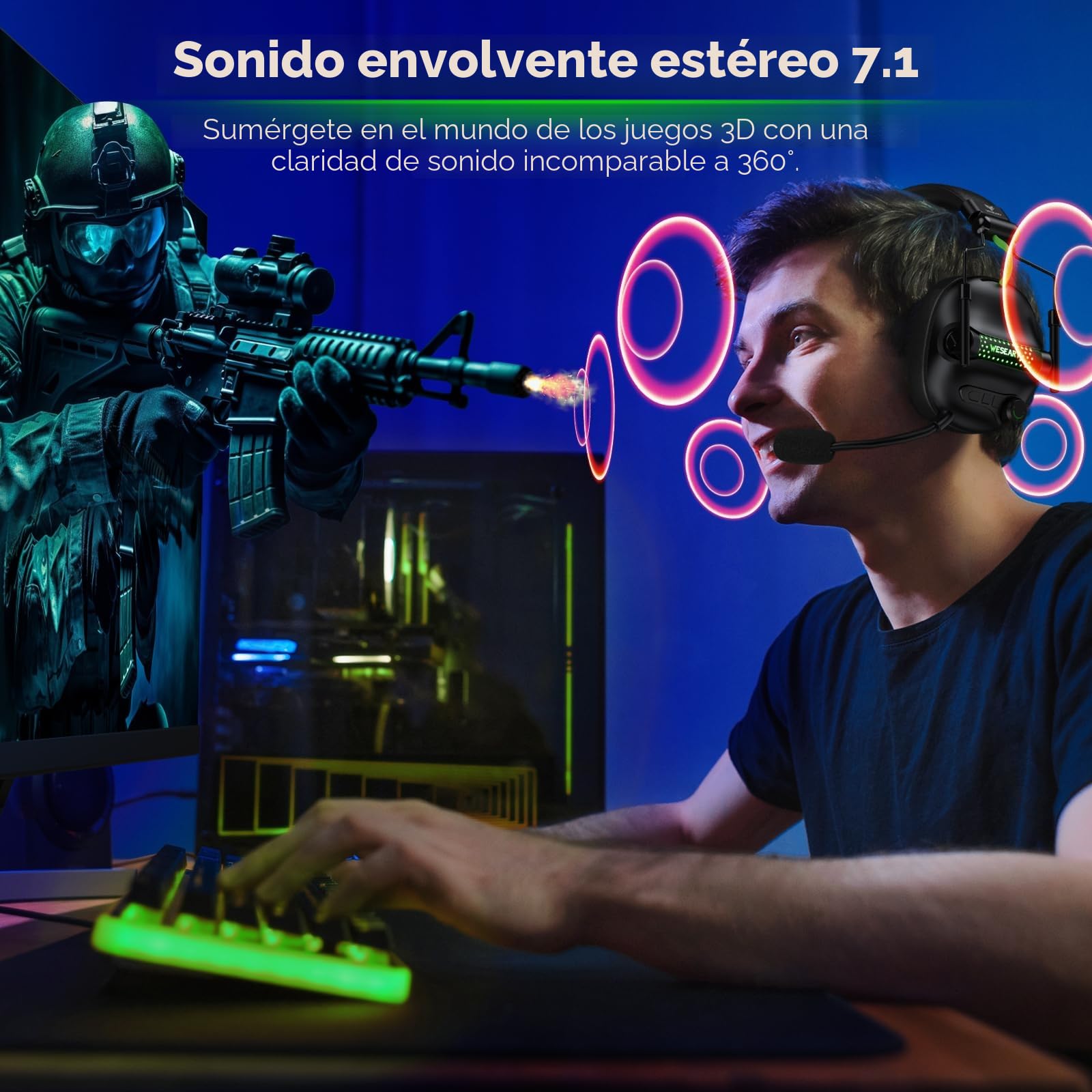 WESEARY WG2 Cascos Gaming Inalambricos, Auriculares Gaming Inalambricos de 2.4G para PS5, PS4, PC, Switch, Sonido Estéreo 7.1 Auriculares con Microfono, Cascos PS5 con Luz RGB, Duración 50Hr+