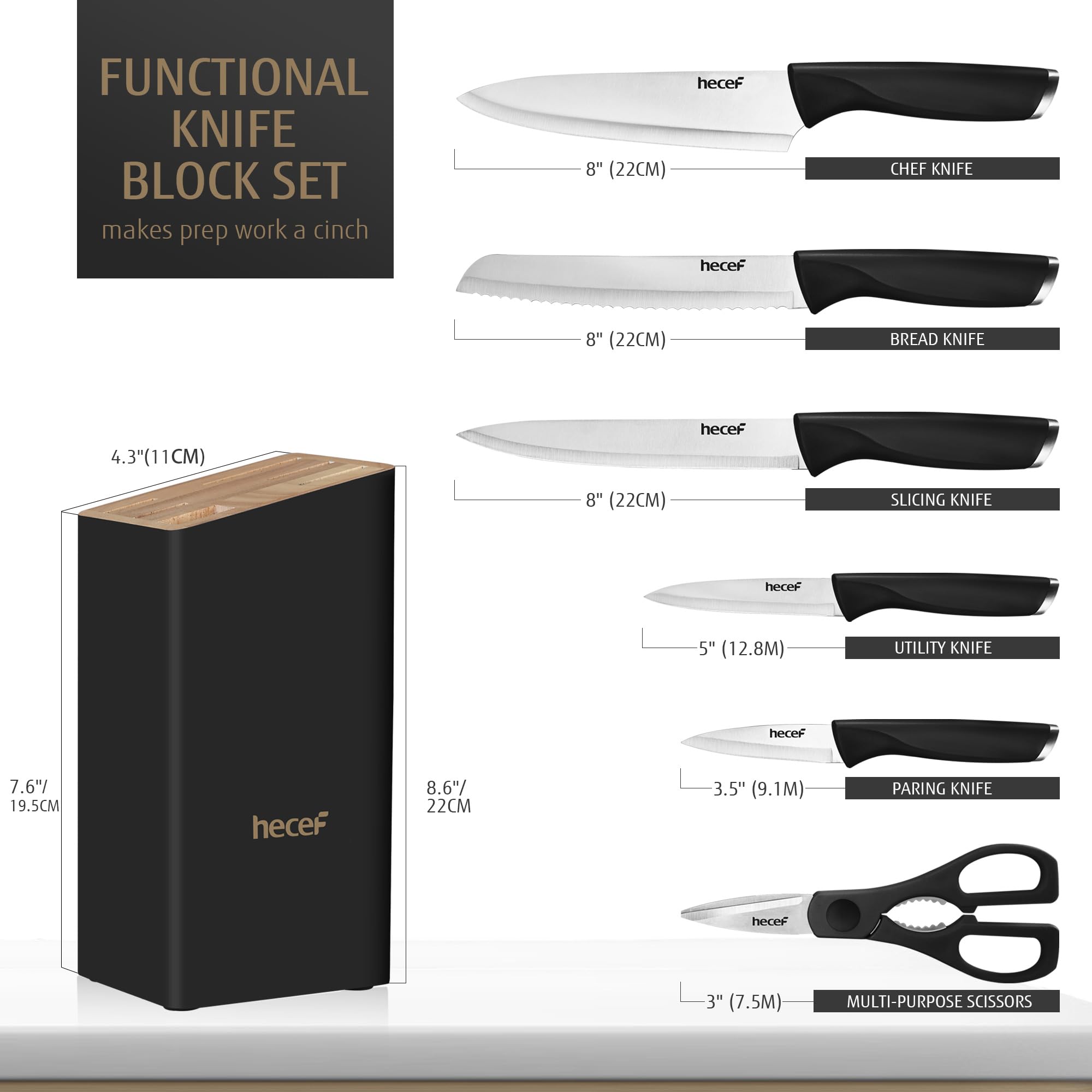 hecef Juego de Cuchillos con Bloque 7 Piezas, Afilado Hoja de Acero Inoxidable con Mango Curvo Especial para Chef y Aficionados a la Cocina, Negro