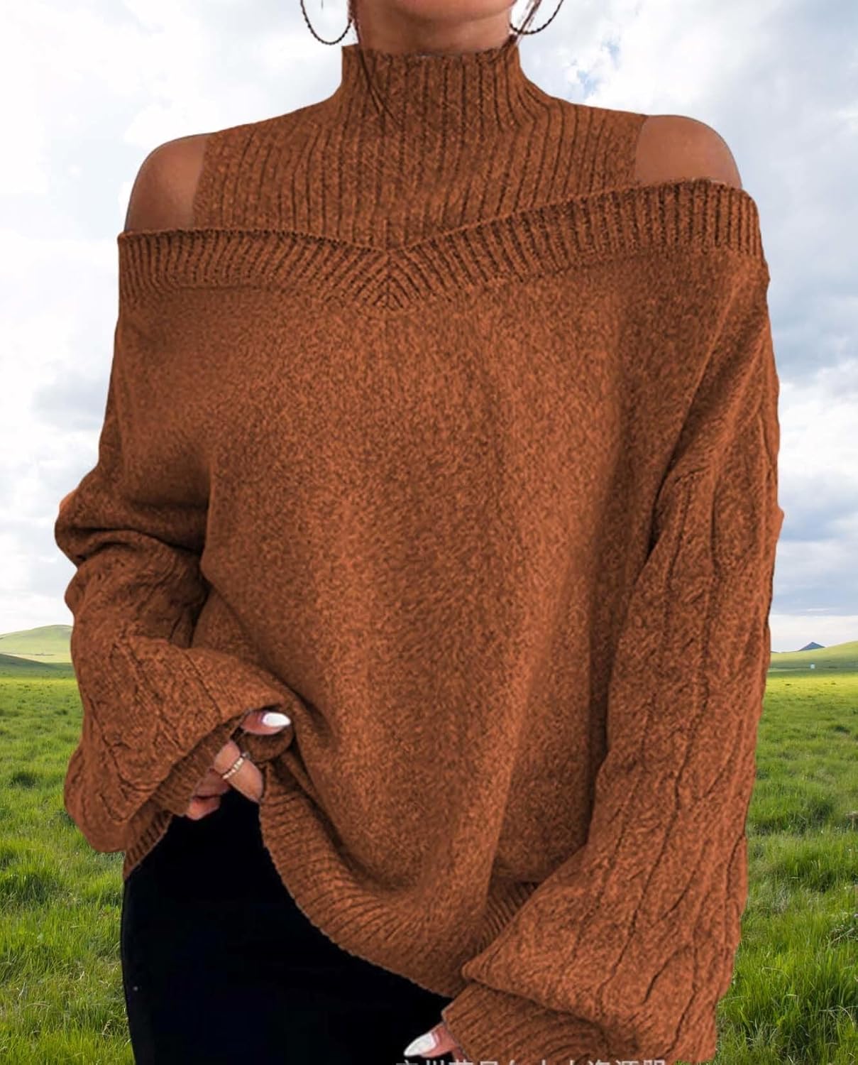 Turtleneck Sweaters for Womens Fall Fashion Casual Off The Shoulder Long Sleeve Solid Knit Pullover Sweater Top - Image 6