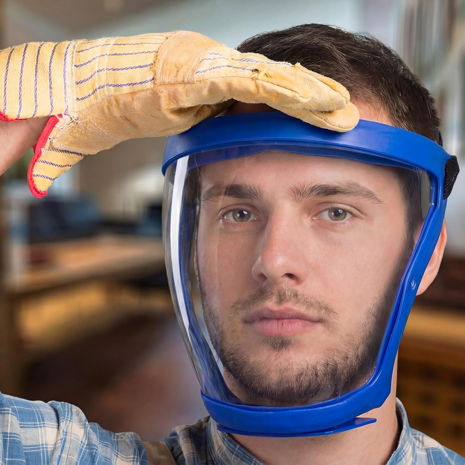 4 Pack Super Protective Face Shields with Filter Pad for Grinding and Cutting Plastic Full Face Masks Bulk for Woodworking (Blue) - Image 5