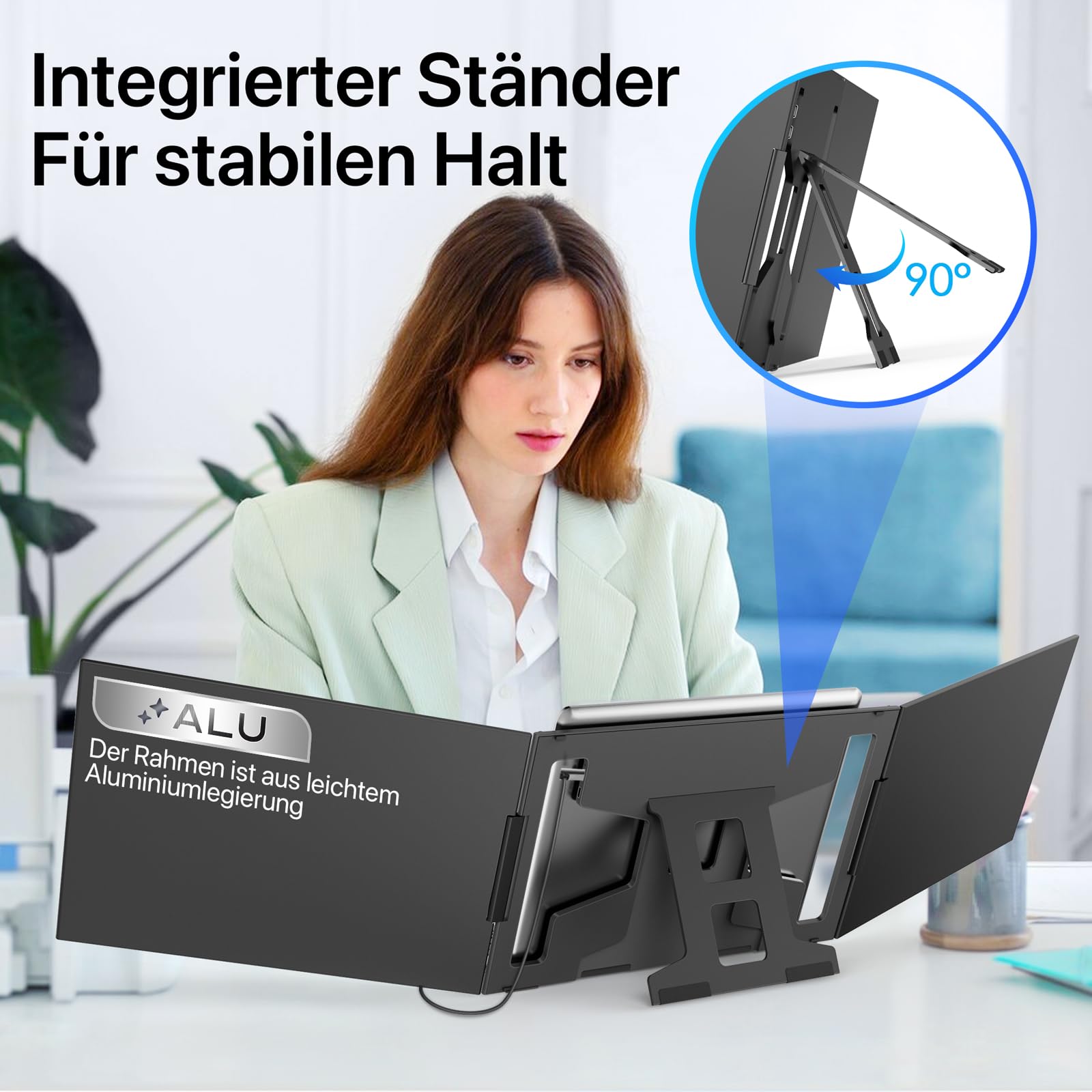 KPKUE Schermo di espansione per computer portatile, 15,6 pollici 1080p FHD triplo monitor in alluminio Compatibile con computer portatili da 12-16 pollici, per Mac, Windows e Chrome installazione