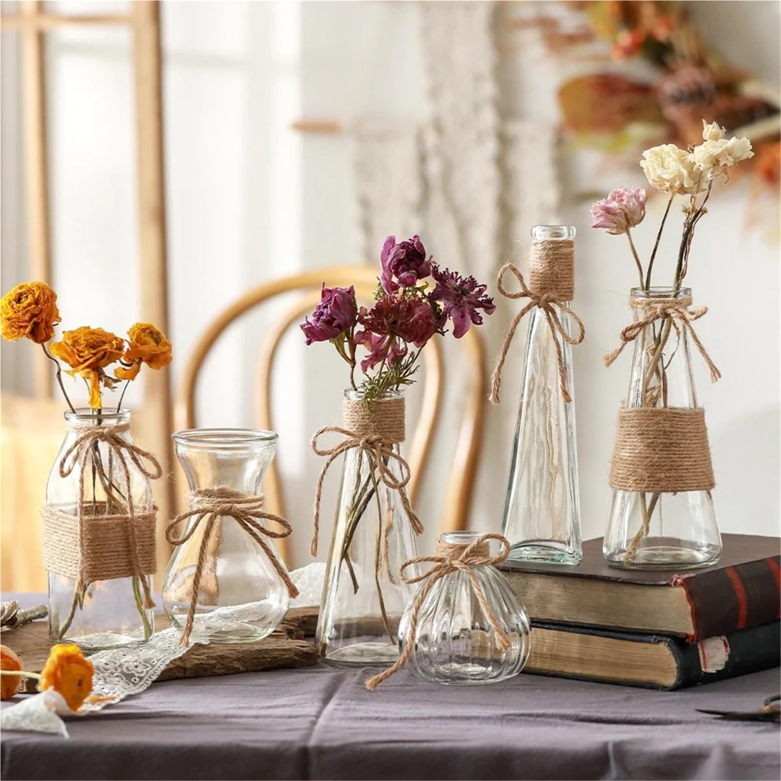 Vase Hydroponique Verre Ensemble de Vases en Verre Transparent, 6 pièces, Bricolage, Corde Chanvre, Artisanat, Fleurs nourrissantes à l'eau, décoration Salon Mariage, jardinière