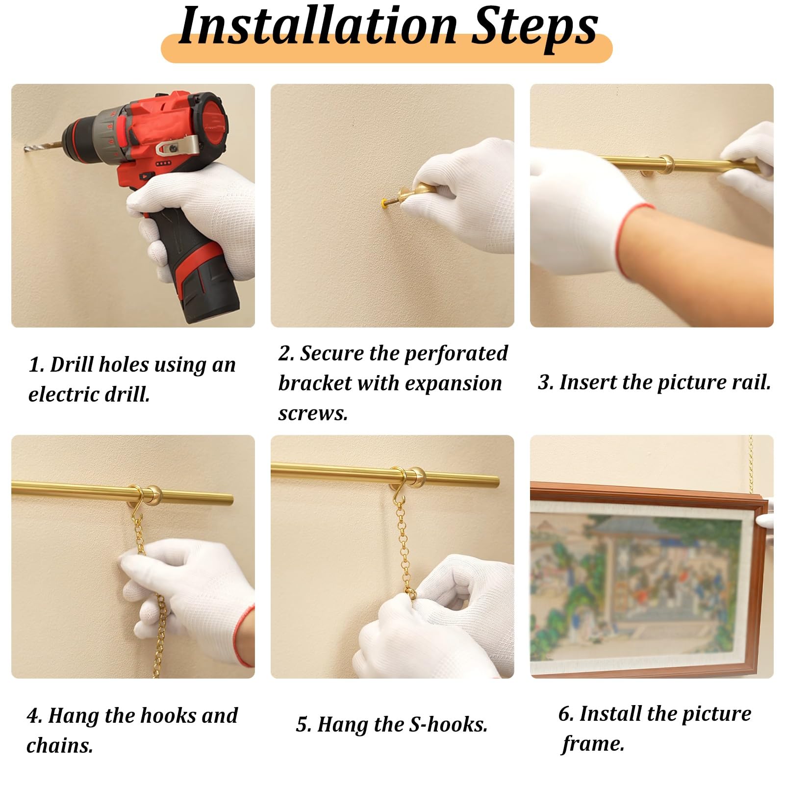 Kit para colgar cuadros con cadenas y ganchos, sistema de riel ajustable para pared de galería, ganchos flexibles para una fácil visualización del marco, adecuado para decoración del hogar