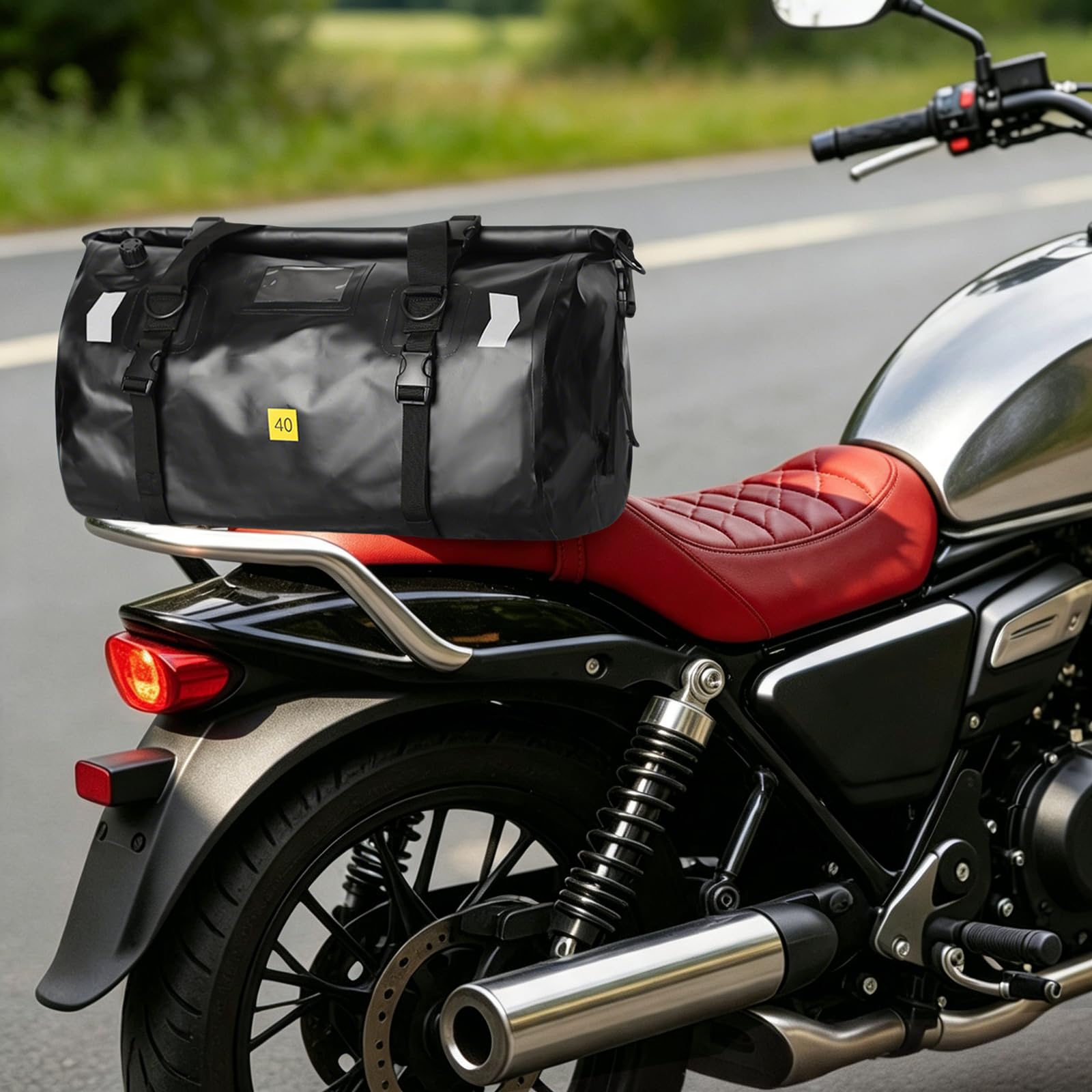 BORSA POSTERIORE MOTO IMPERMEABILE CAPACITA' 40 LT | Molteplici scomparti, borsa da moto con strisce riflettenti, 4 cinghie di fissaggio, ideale per touring, campeggio