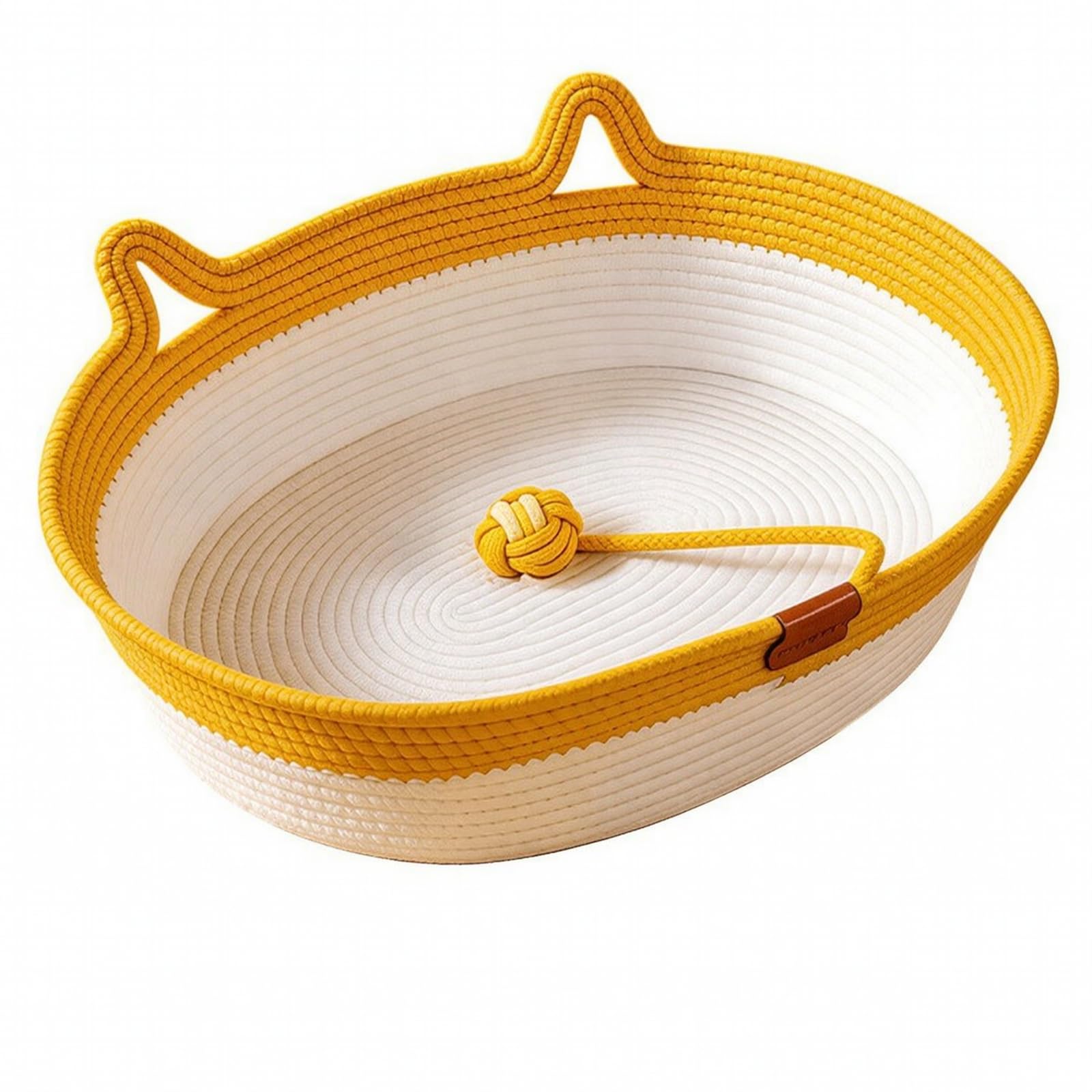 Cuccia Intrecciata per Gatto Letto Cesta Nido Cesto con Pareti Rialzate Palla con Corda Manici a Orecchie in Corda di Cotone Adatta a Sonno Gioco Relax Domestico, 麻藤席窝-黄色, 特大号60 45cm