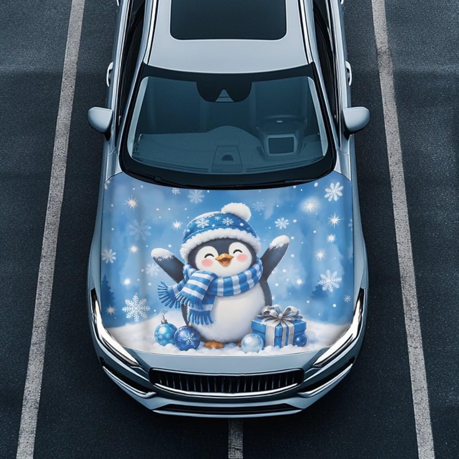 Renewold Christmas Car Hood Cover Vehicle Hood Wrap Blanket Winter Penguin