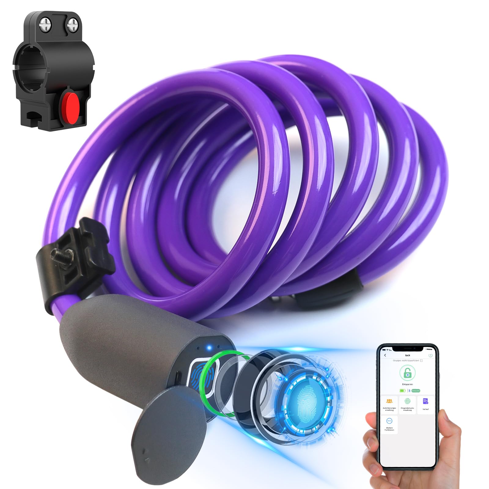 Anweller Fahrradschloss Fingerabdruck,1.5m Kabelschloss wasserdicht tragbar mit Fahrradschlosshalter, Smart Lock mit 20 Fingerabdrücke aufzeichnbar, Diebstahlsicherung aus 12mm Stahldraht Sport & Freizeit