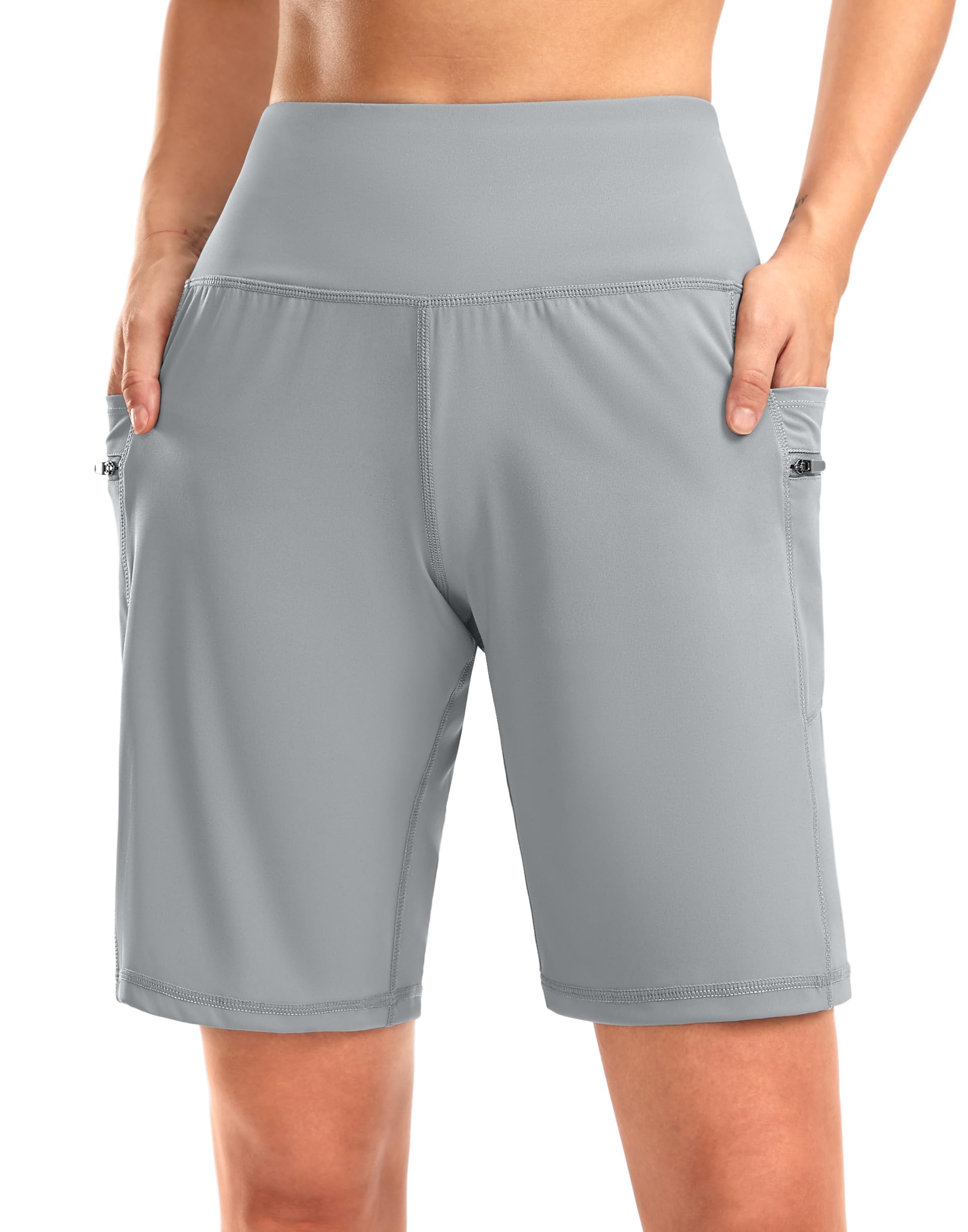 G Gradual Women's High Waisted 9" Bermuda Shorts with Zipper Pockets Athletic Workout Long Shorts for Women Knee Length