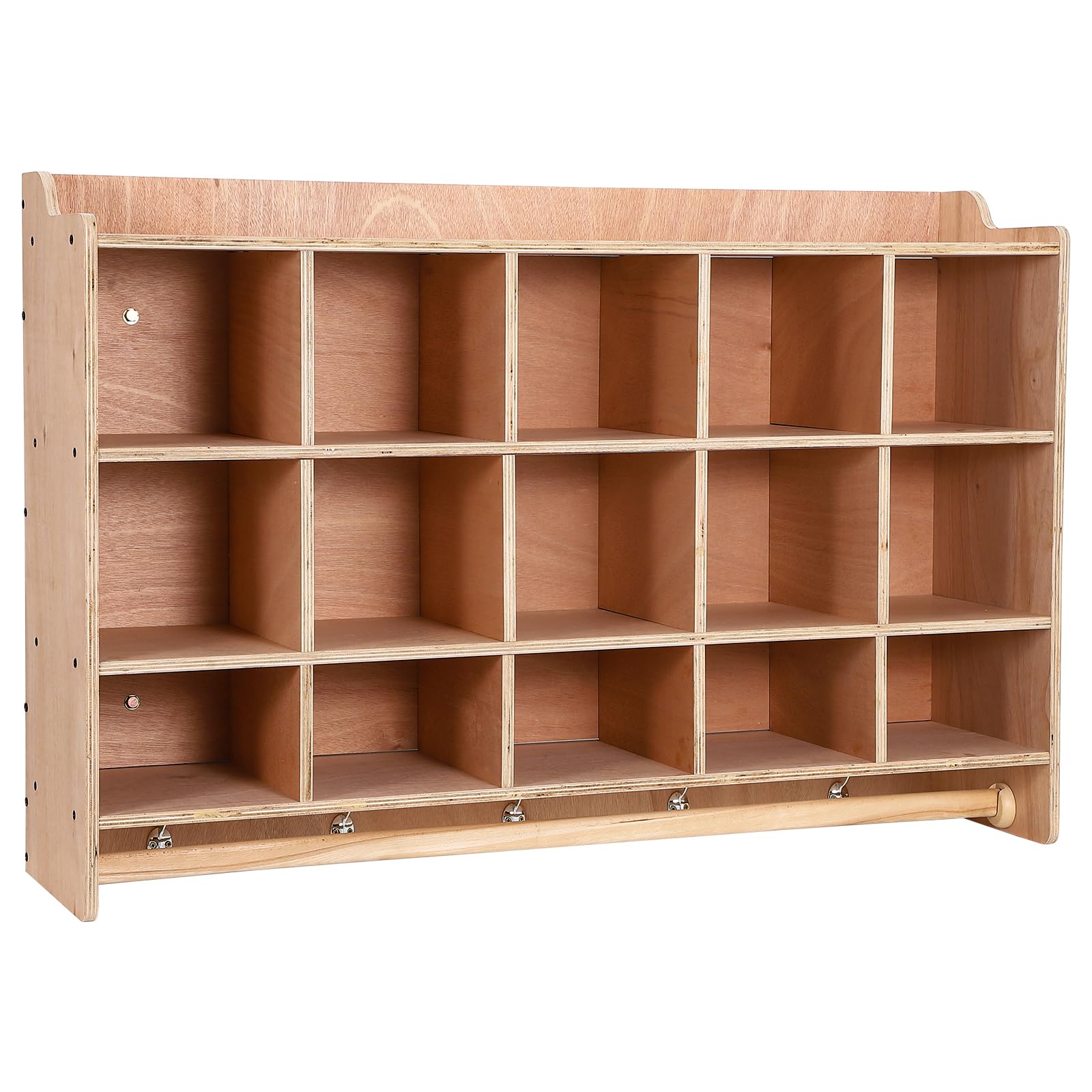 GarveeLife Cubby Storage Organizer Cubes, Daycare Shelves with 15 Cubbies Shoe Layer with Hooks and Shelf, Hanging Wall Mount, Furniture for Kids Toys