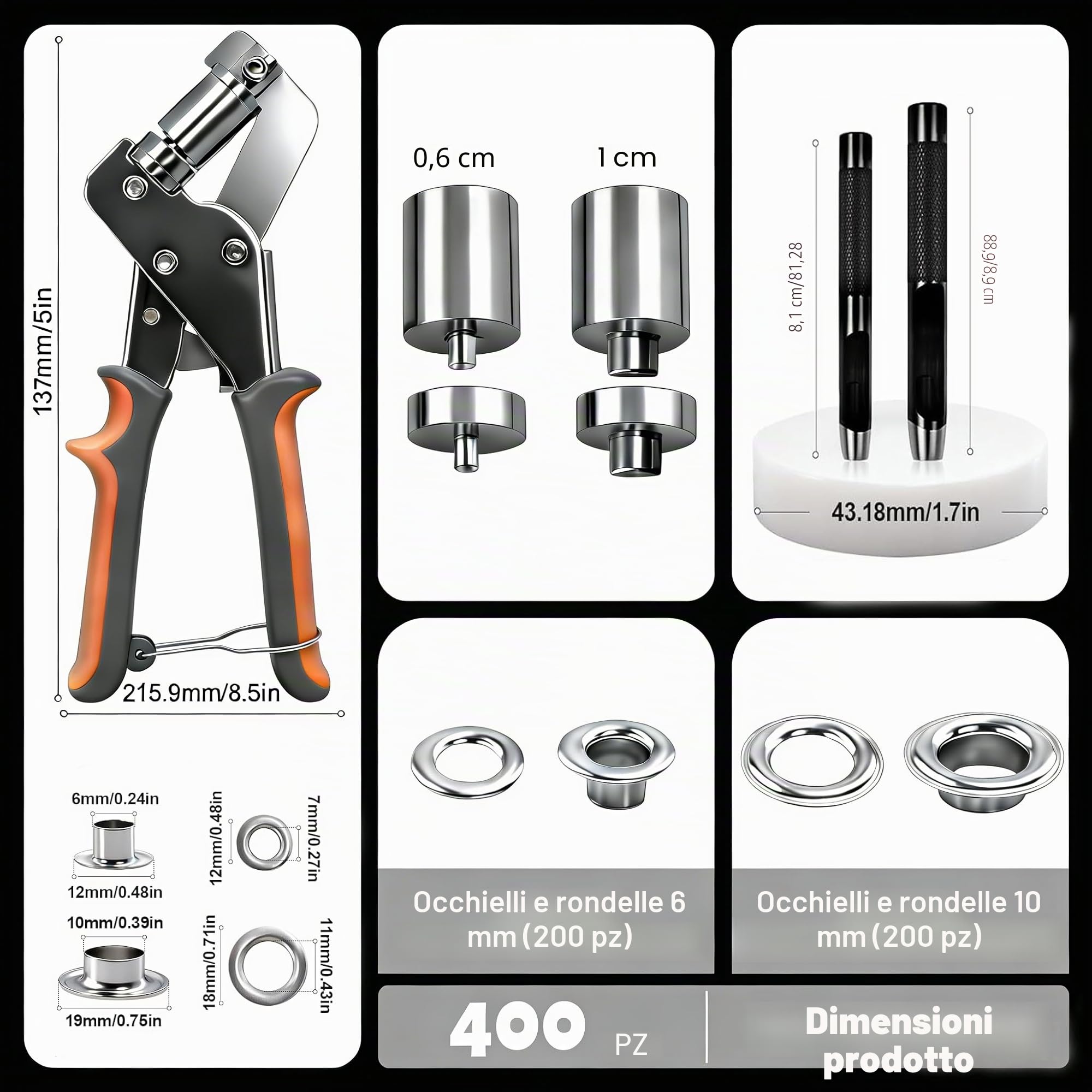 Set di Occhiellatrice, Pinza per Occhielli con 400 Occhielli, 200 × Ø6 mm e 200 × Ø10 mm, Occhiellatrice Magnetico con Testine di Perforazione Intercambiabili per Teloni, Tessuti, Pelle