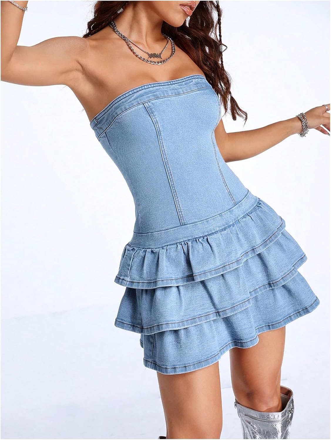 WDIRARA Women's Strapless Layered Ruffle Denim Dress Bandeau Slim Fit Mini Dresses - Image 4