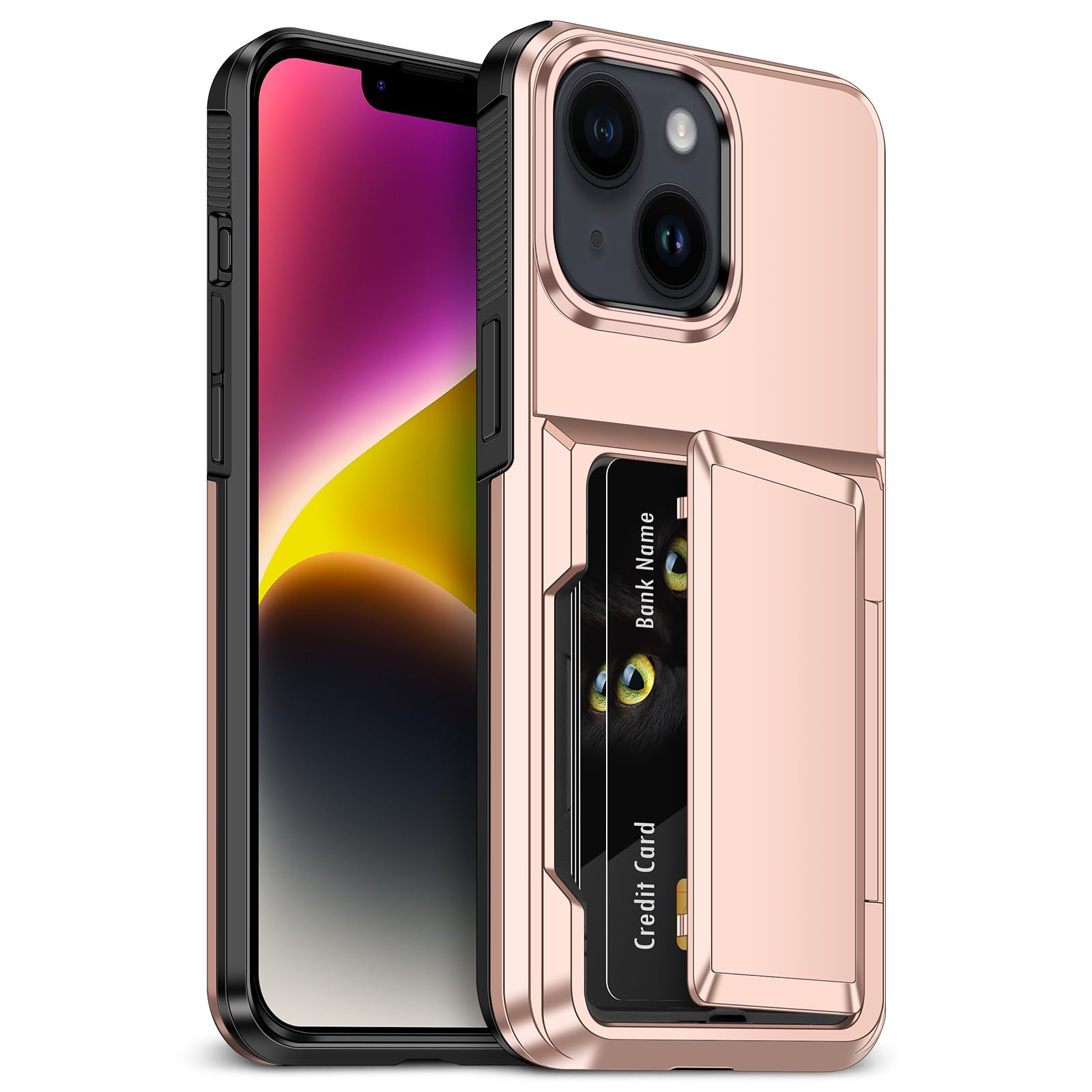 YEBOLU for iPhone 14 Case with Card Holder [Max 5 Cards] Heavy Duty Protective Shockproof Case Dual Layer Hidden Sliding Card Slot Wallet Case for