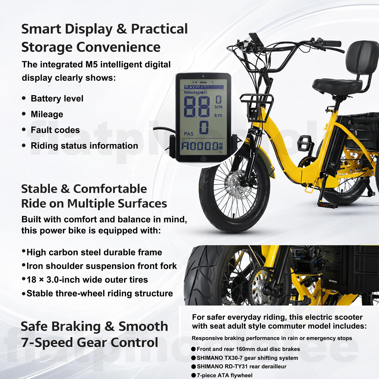 Tricycle Électrique Adulte Pliable 18", Vélo Électrique 3 Roues Stable, 3 Modes Conduite, Pneus Larges 18×3.0, Panier Avant Arrière, Charge Max 150kg, Idéal Courses, Ville, Seniors Mobilité Yellow