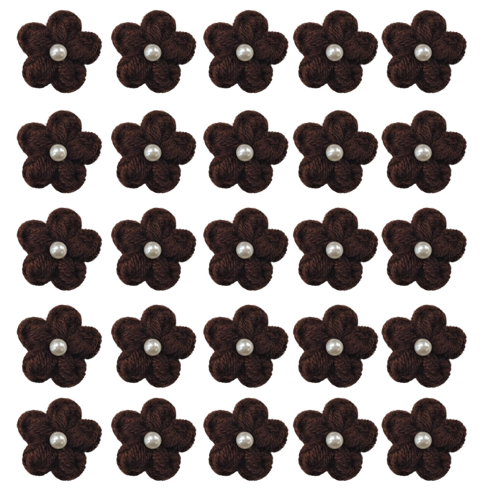 Jtnohx Knitted Flower Patches，Crochet Flowers Applique，25pcs Handmade Floral Sew on Patches，3cm DIY Appliques Embellishments with Pearl, Crochet Floral for Crafts,Sew Accessories(Brown