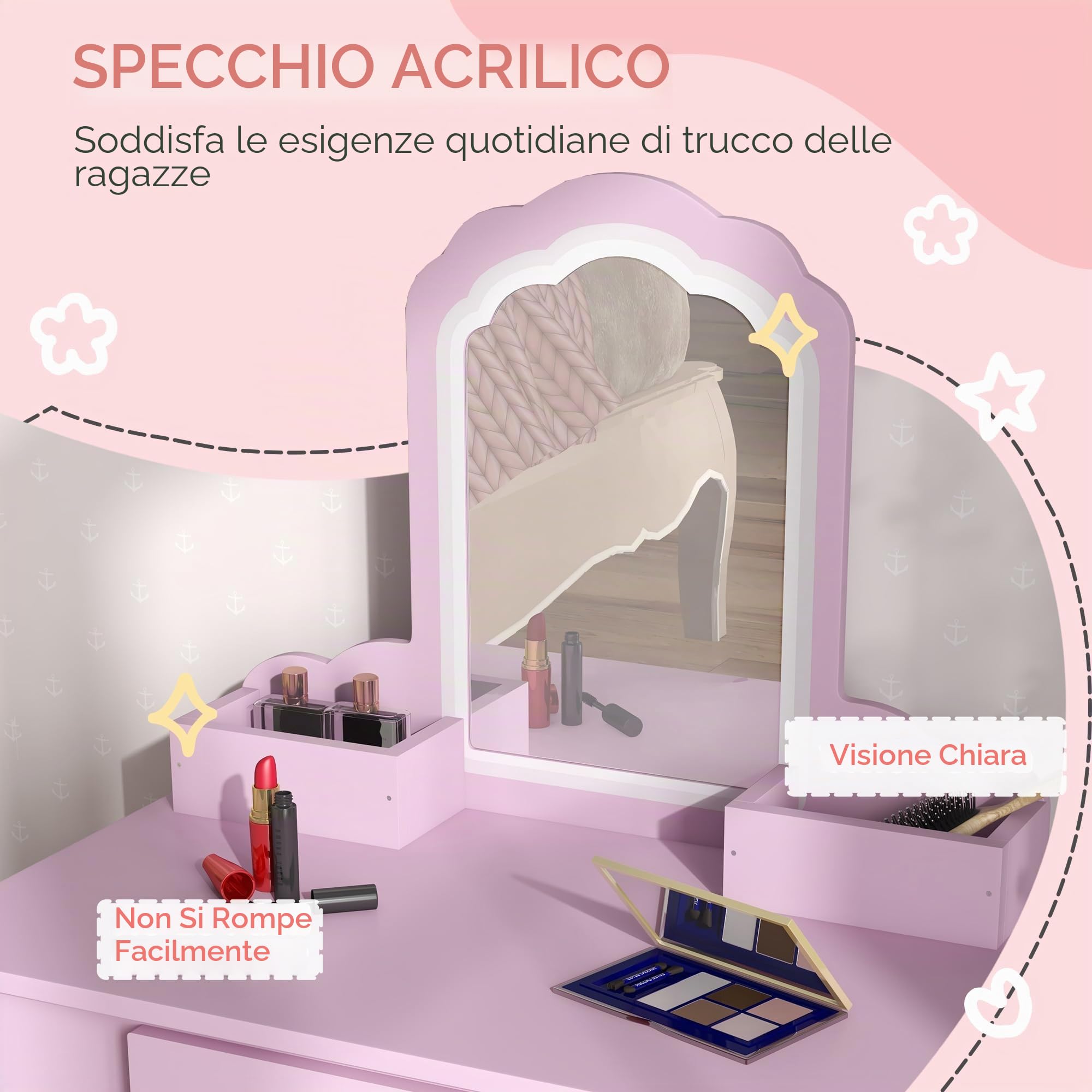 ZONEKIZ Set Toeletta con Specchiera Trucco per Bambina con Sgabello Abbinato, Tavolo Toeletta in Legno con Cassetto e Contenitori, Specchio a Nuvola, Rosa