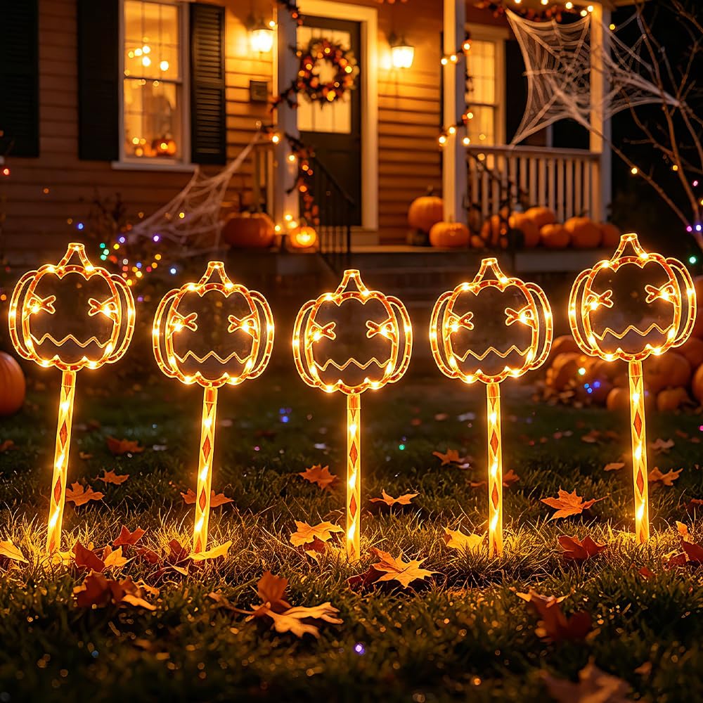 Solar Pumpkin Stake Lights for Halloween Decorations Outdoor, Waterproof Solar Halloween Lighted Pumpkin Pathway Lights, Colour Changing Lights, Light up Decorations, Pathway Party Porch Yard Decor