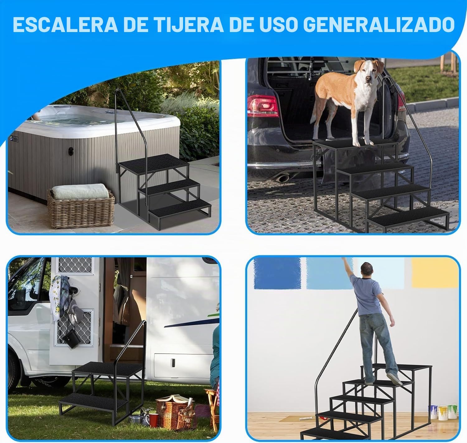 Escalera de Acero Antideslizante Portátil con 5 Ruedas para Caravanas y Piscinas, Doméstica de Exterior con 2 Pasamanos y 5 Peldaños