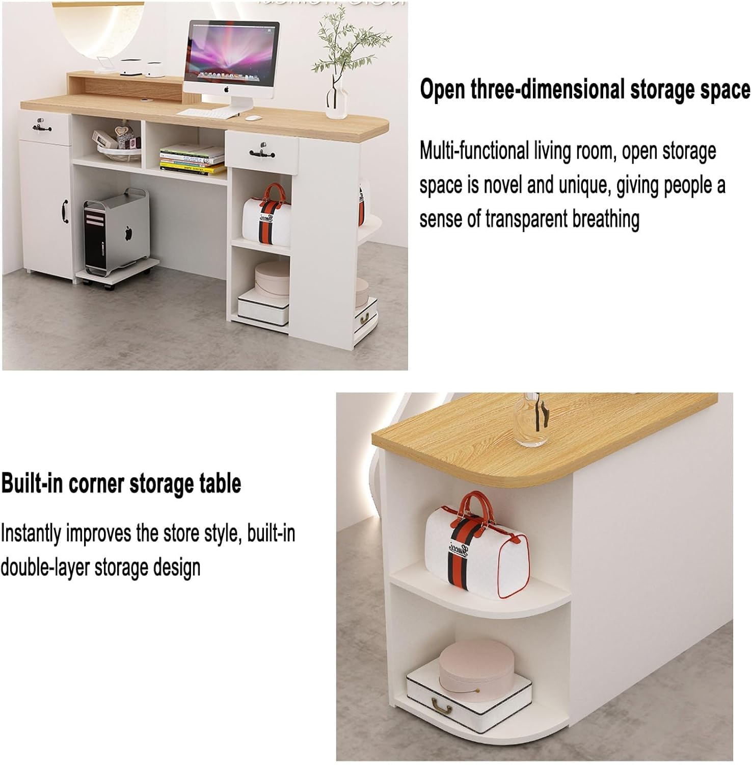 Banco reception con contenitore, banco cassa con luce LED, partizioni aperte, realizzato in materiale di grado E, design compatto 150x50x105cm, adatto per uffici e aziende