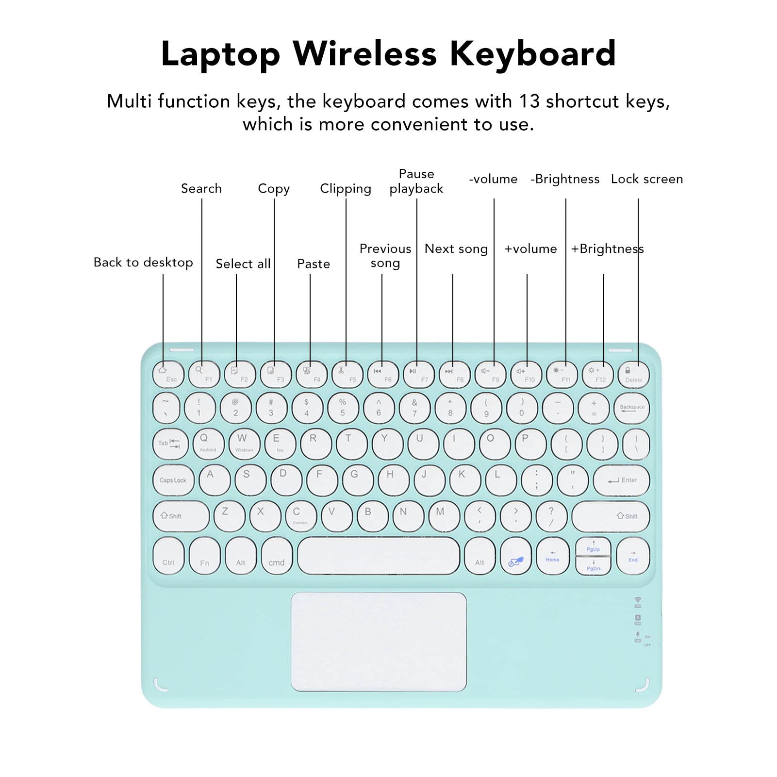 Zunate Tastiera Bluetooth Wireless con Touchpad, Tastiera Rotonda Ergonomica Ultra Sottile con Trackpad, Macchina da Scrivere Portatile Ricaricabile USB, per Tablet Laptop Cellulare(Verde)