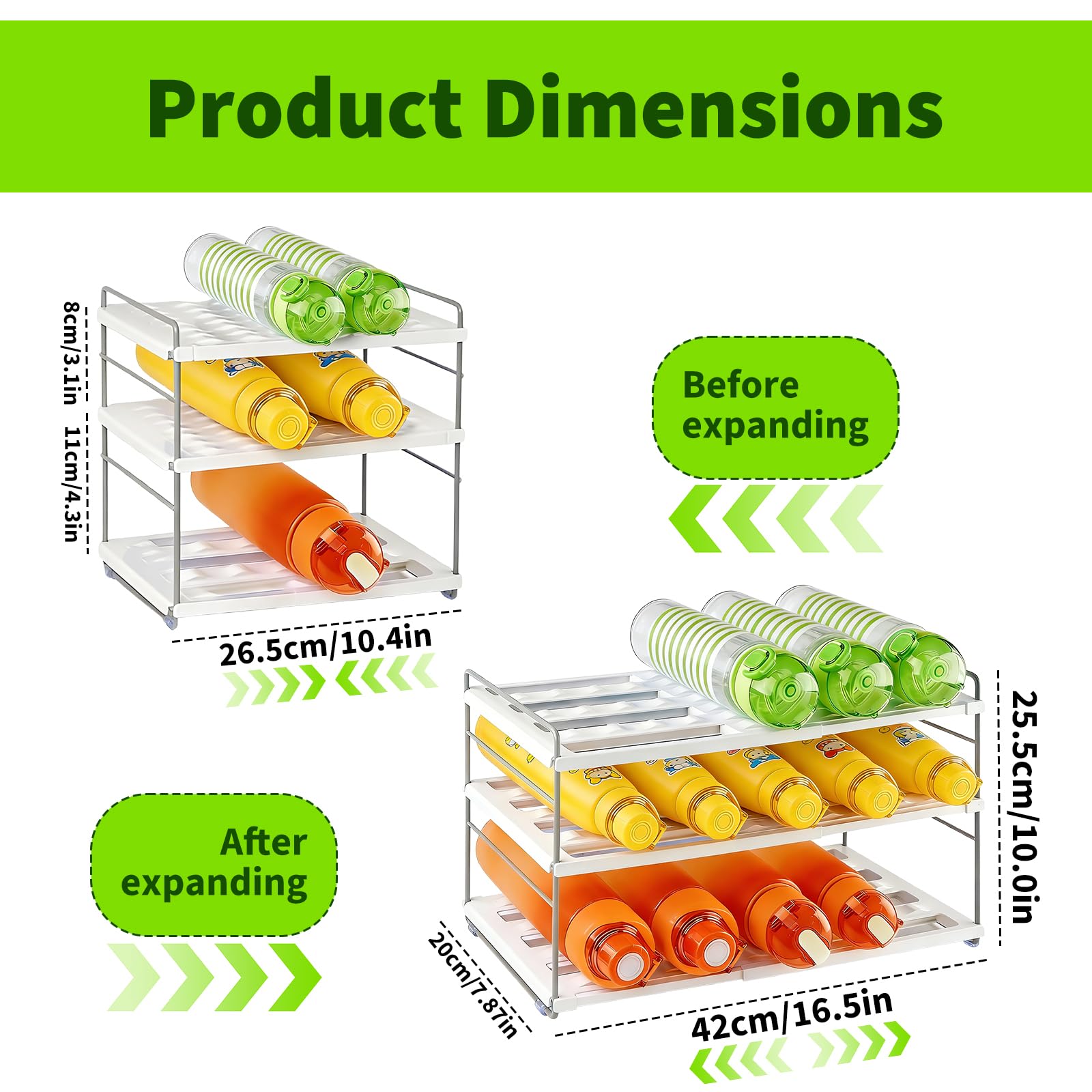 Raxfekro Organizador de botellas extensible para frigorífico, armario y cocina, con compartimentos ajustables para botellas de agua, termos y bebidas (26,5 – 42 cm) — view 2