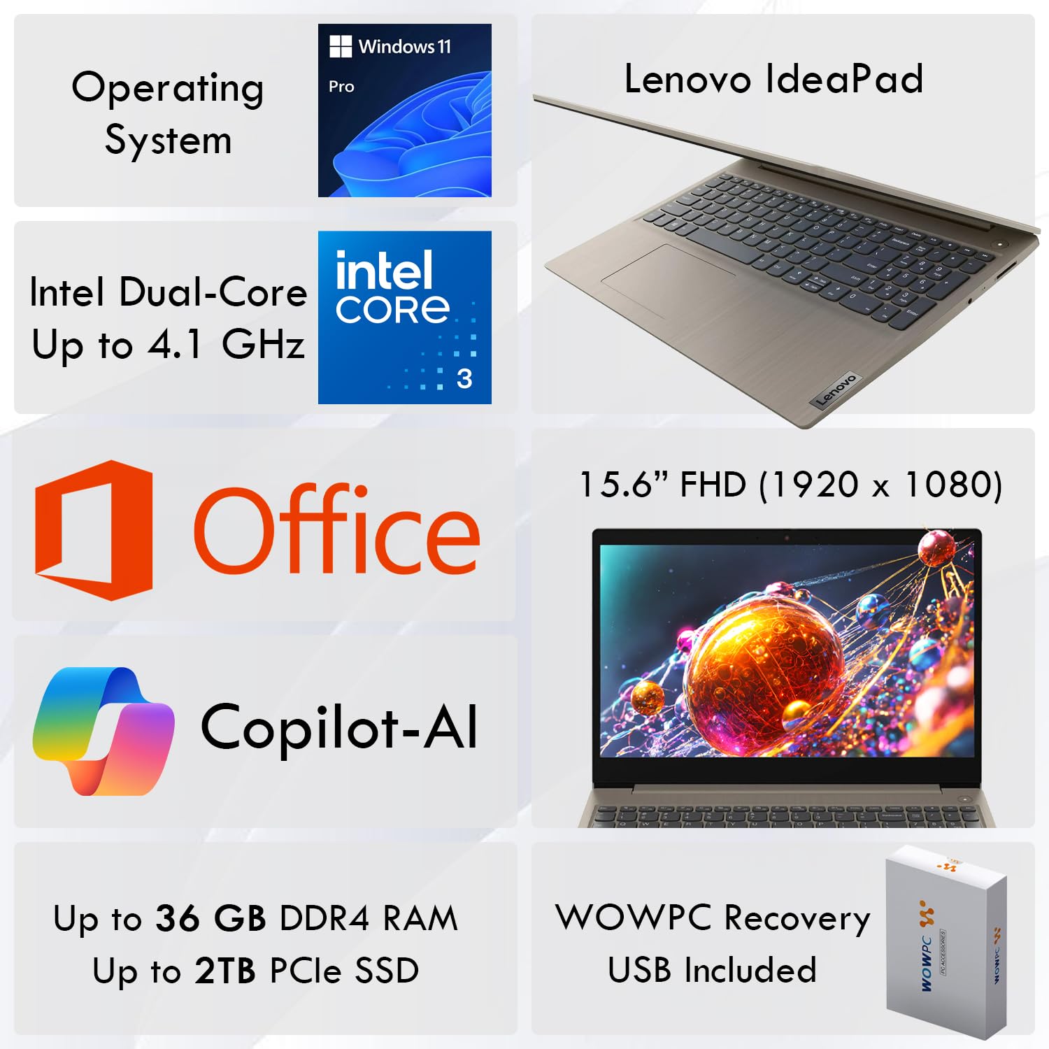 Lenovo Ideapad Business Laptop with Microsoft Office, Intel Dual-Core Processor(Up to 4.1 GHz), 15.6" FHD Display, 36GB RAM, 1TB SSD, SD Card Reader, Windows 11 Pro, Copilot AI-Ready, WOWPC USB