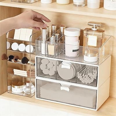 WRENYZK 4 Pcs Makeup Organizer, Skincare Storage Box, Medicine Cabinet Organizer, Plastic Stackable Storage with 2 Drawers, Multifunctional Storage Rack for Bedroom, Desk, Bathroom