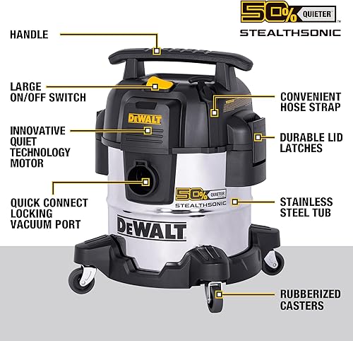 Vista 3 de DEWALT STEALTHSONIC - Aspiradora para tienda en seco y húmedo de 5 galones, 4 HP con 6 bolsas de polvo, ultra silenciosa, de acero inoxidable