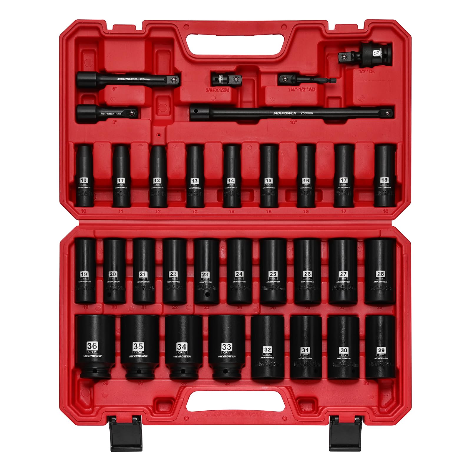 MIXPOWER Set di 33 chiavi a bussola a percussione, da 1/2", profondità da 10 a 36 mm, a 6 punti, con custodia portatile, metrica, acciaio CR-V e CR-MO