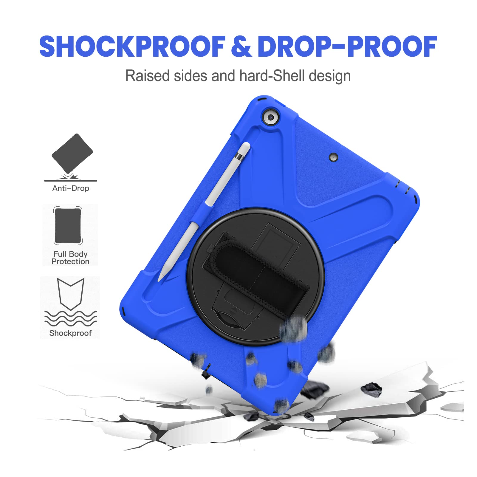 Gerutek Custodia Cover per iPad 9/8/7 Generazione 10,2 Pollici (2021/2020/2019), Custodia Protettiva Antiurto con Supporto Rotante 360 Gradi e Cinghia a Mano/Spalla per iPad 10,2, Blu