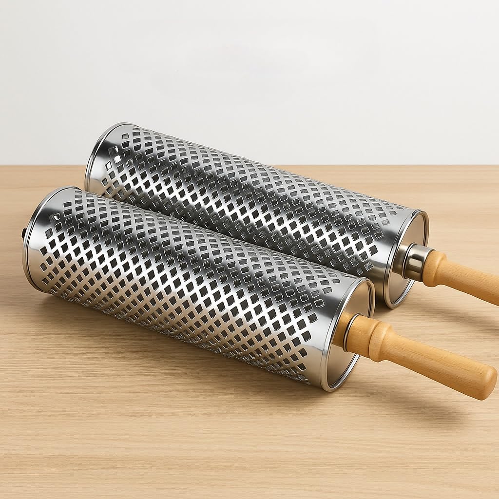 Nesting Grill Net Baskets (2PCS), Removable Wooden Handle, 304 Stainless Steel, Rolling Grilling Baskets,BBQ Accessories Tools for Veggies/Shrimp/Meat, Outdoor Cooking Camping, Gifts for Men,Dad