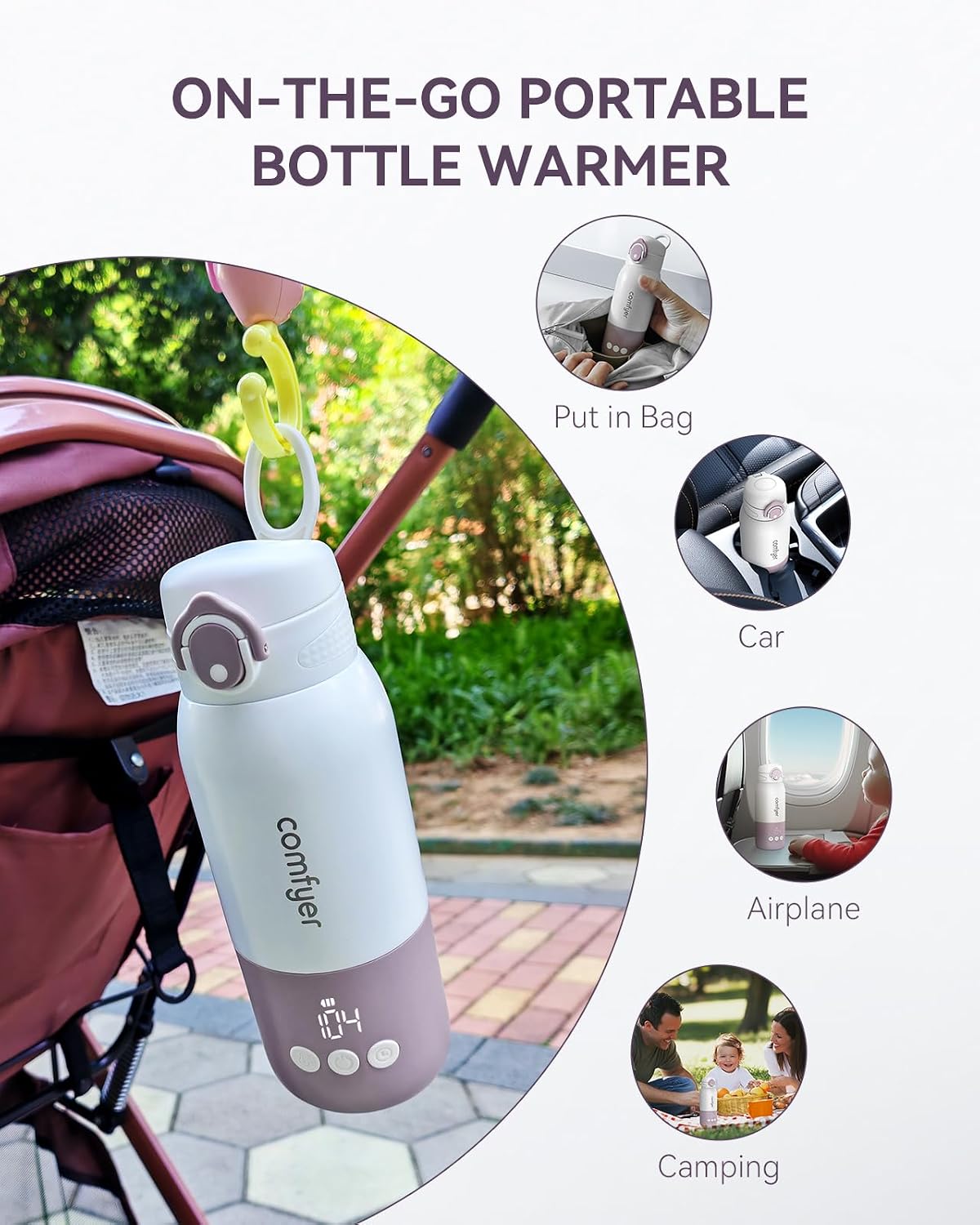 Comfyer Portable Bottle Warmer used on-the-go in various settings