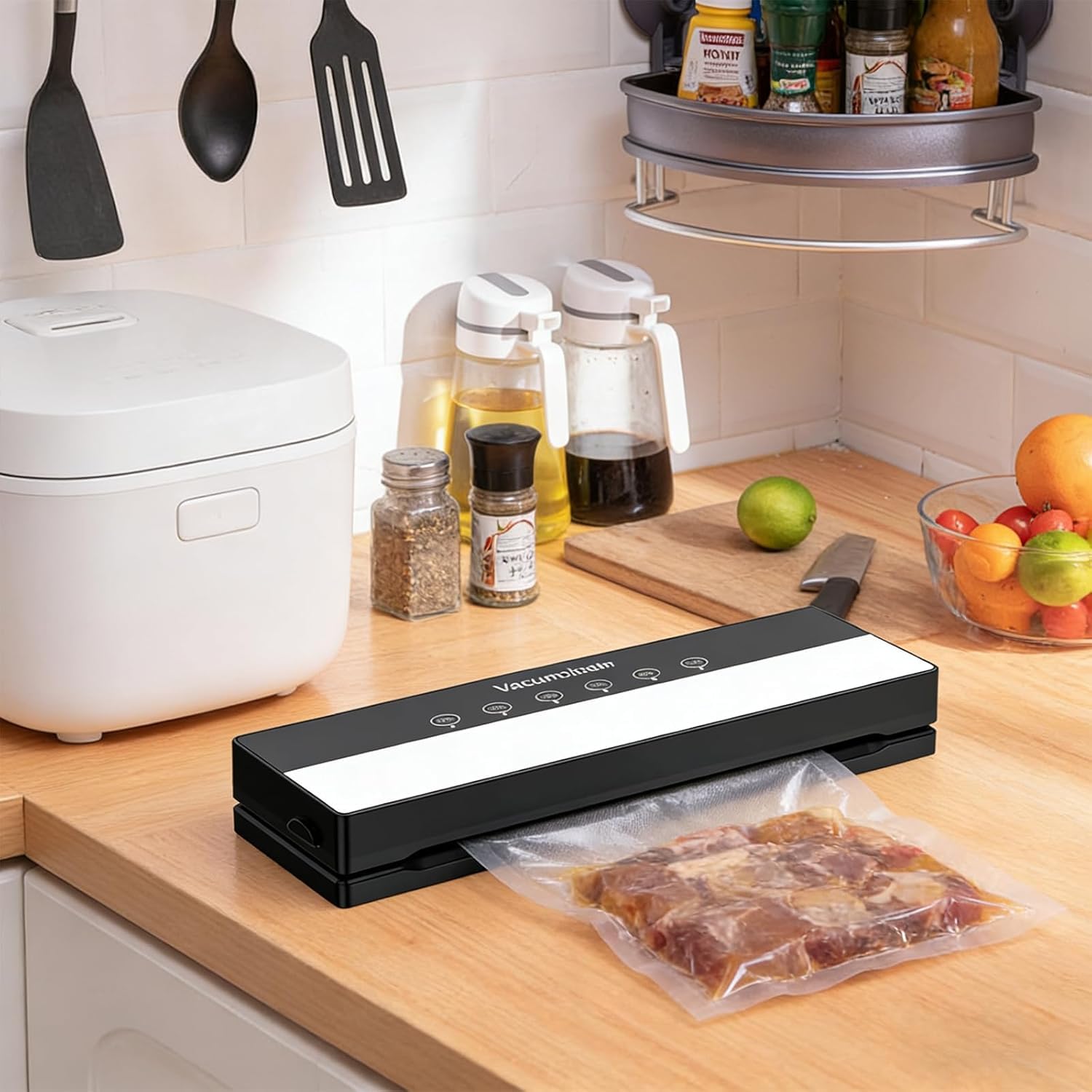 Macchina Sottovuoto,Potente 90Kpa Precisione 5 in 1 Sistema di Conservazione degli Alimenti Sottovuoto, Include sacchetto per il vuoto, Modalità a Secco e Umido Nero (Black, 10 vacuum bags)