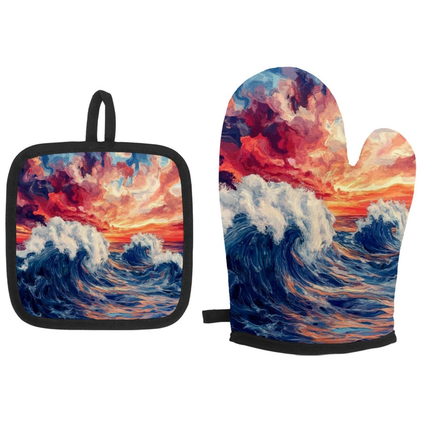Gants de cuisine et maniques Coastal Sky Waves résistants à la chaleur pour la cuisson au four