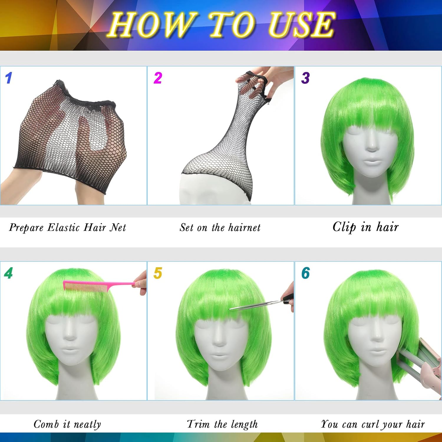 MTLEE 16 Sets Party Wigs and Sunglass Set Colorful Neon Short Bob Wig Hair Hairpieces for Bachelorette Cosplay Favor Supplies(Multi-color) - Image 5