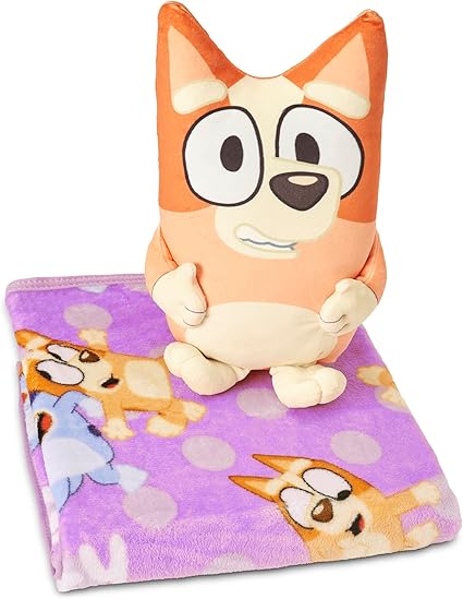 Bluey Bingo Lilac Dotty Fun Hugger Pillow and Throw Blanket Set – 11 inch Character Plush with 40x50 inch Soft Fleece Blanket – Cozy for Kids, Girls, Boys, Travel, Nap Time
