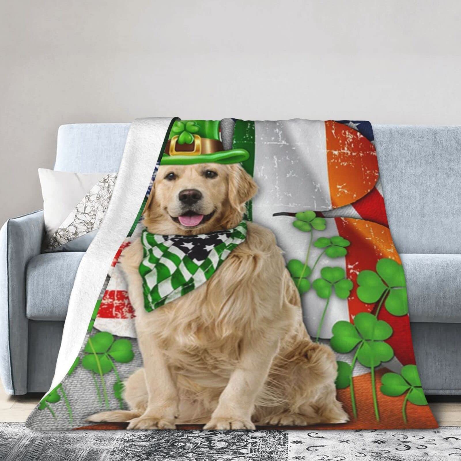 Lsjuee Flannel Fleece Blanket 50"X40" Golden Retriever Dog Saint Patrick‘s Day Bed Throw Blanket Lightweight Ultra-Soft Travel Spring Blankets for Mens Keep Warm