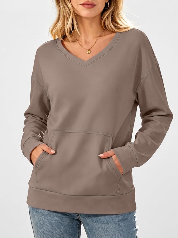 ANRABESS Womens V Neck Long Sleeve Sweatshirts,Light Brown,L image 2