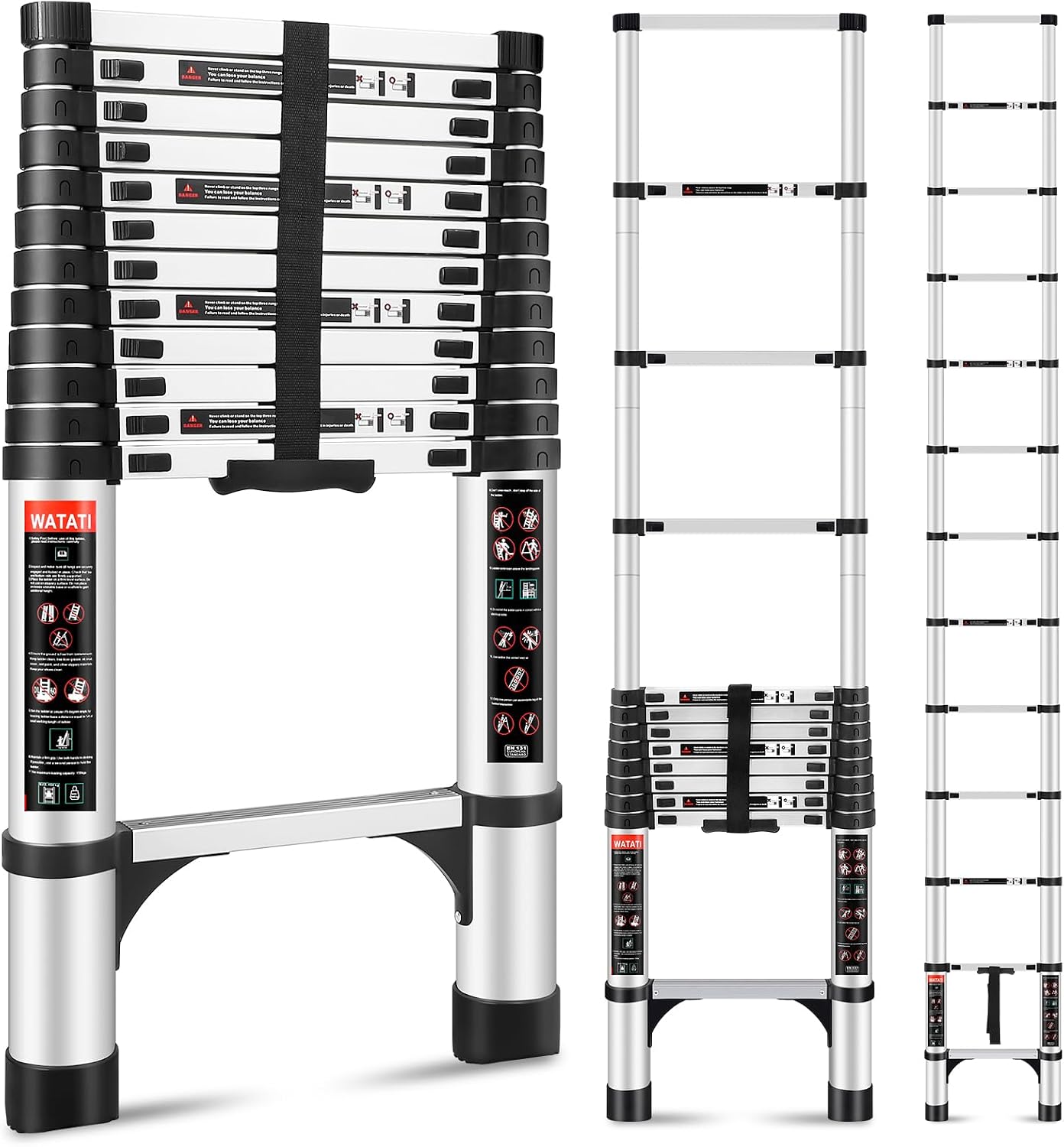 Telescoping Ladder 12.5FT, Aluminum Extension Ladder, 330LBS Capacity w/Non-Slip Feet & Stabilizers, Portable Collapsible Telescopic Ladder for roof, RV, Outdoor, Silver