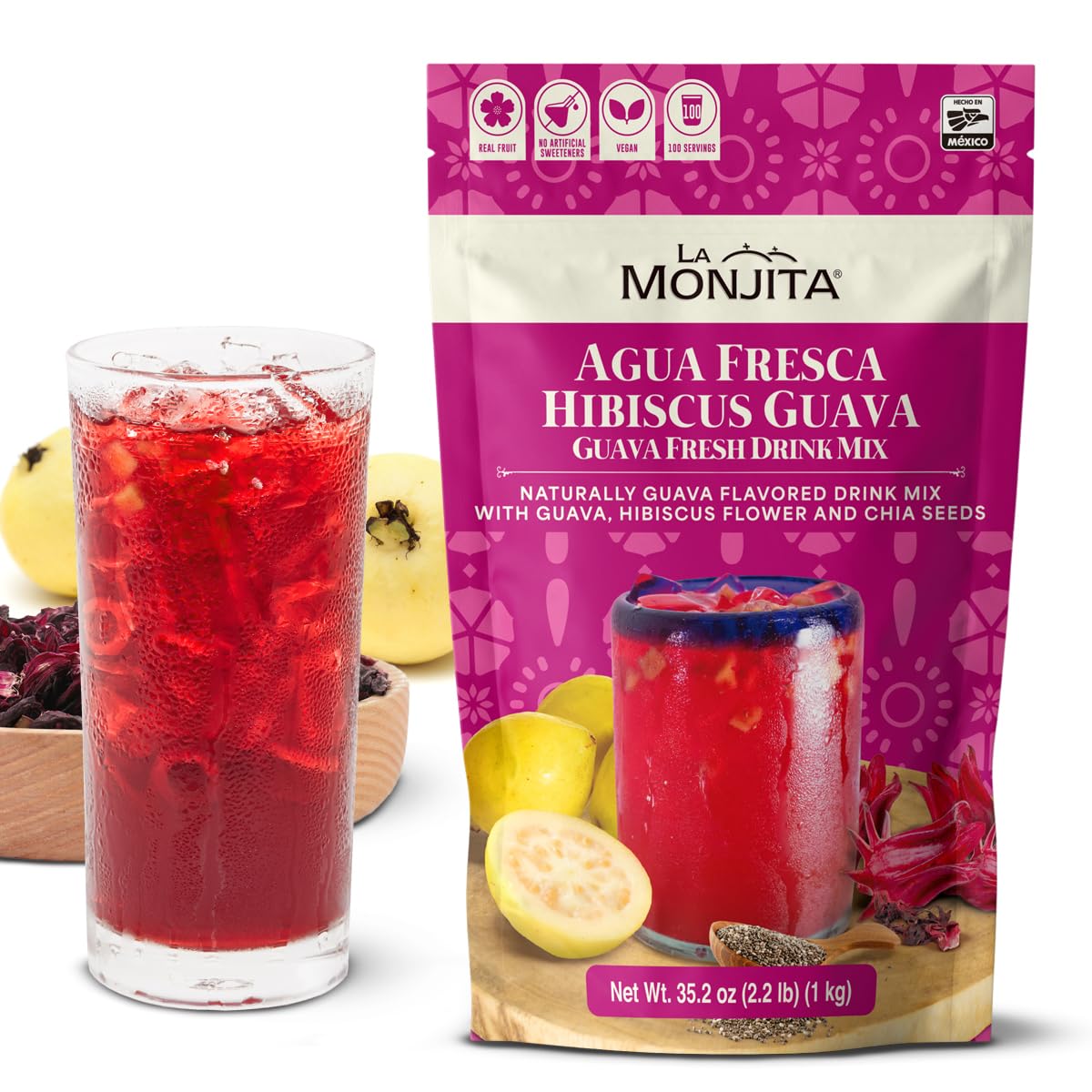 La Monjita Agua Fresca Hibiscus Guava - Mexican Agua de Jamaica Naturally Flavored Drink Mix with Hibiscus, Guava, and Chia Seeds - 100 Servings (1kg