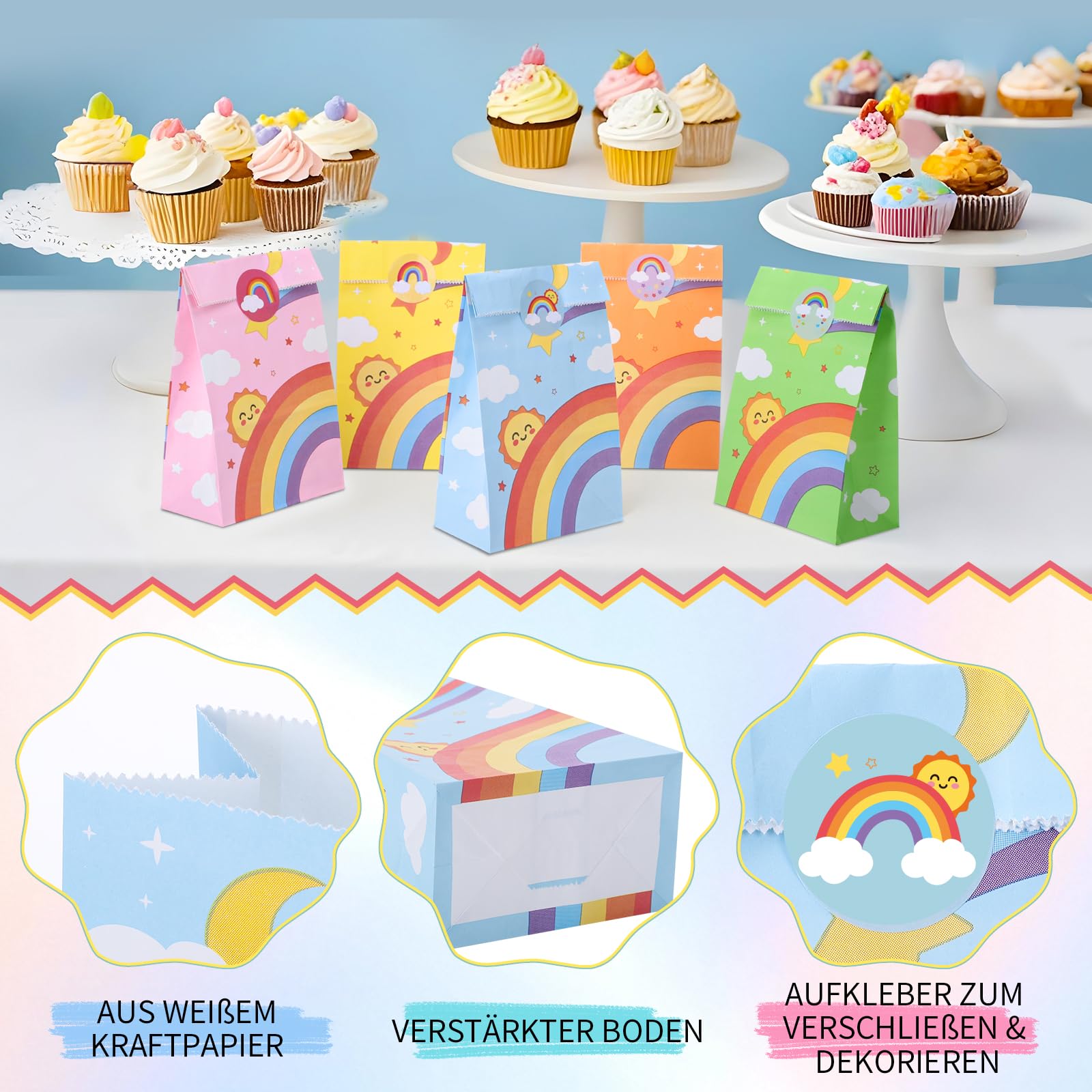 woric 50 stuks geschenkzakjes voor kinderverjaardag, klein, 22 x 12 x 7 cm, papieren zakjes, regenboogsnoepzakjes met 60 stickers, papieren zakjes, kleurrijke cadeauzakjes voor Kerstmis