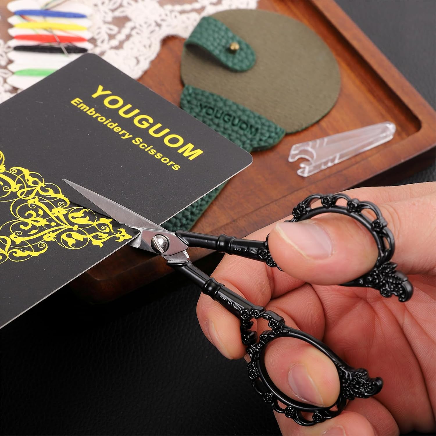 YOUGUOM Small Sewing Scissors, Crochet Scissors Threading Knitting Shears with Case for Craft Artwork Needlepoint, Black Little Embroidery Snips