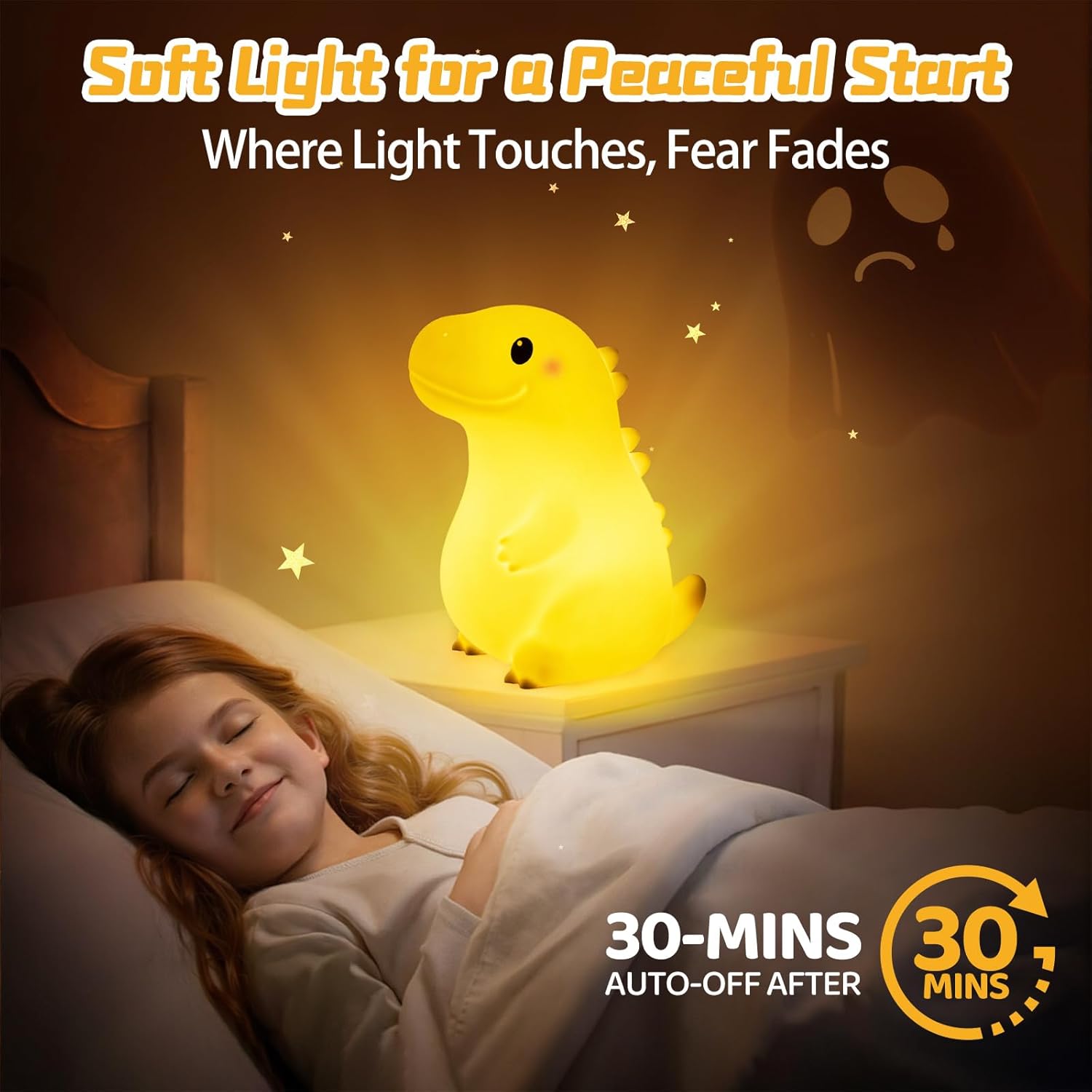 A child sleeping peacefully with the glowing dinosaur night light on a bedside table. An overlay indicates '30-MINS AUTO-OFF AFTER' and a '30 MINS' timer icon.