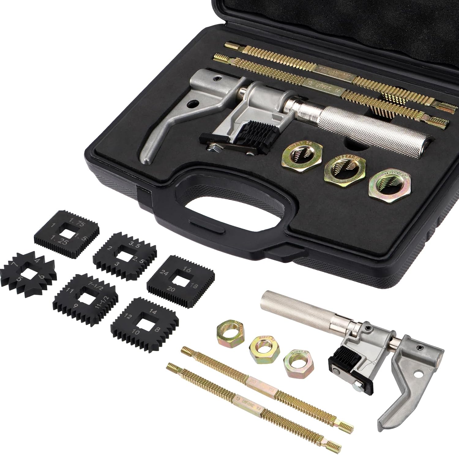 Outside Thread Chaser Kit External Thread Repair Tool with 2 Thread Files 6 Die Head 3 Die Nut, Universal Imperial Metric