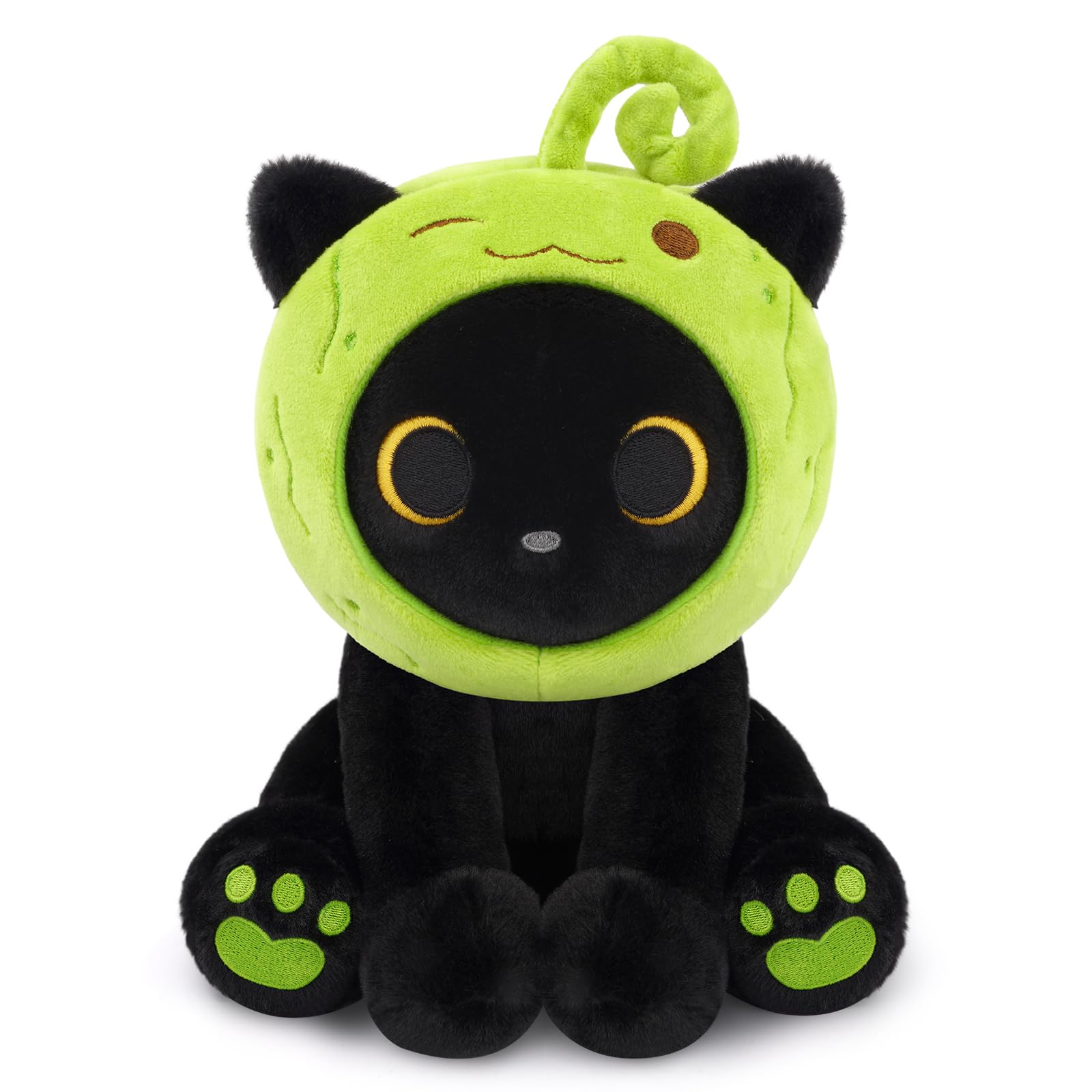 Black Cat Pickle Plush - Cute Stuffed Animal with Removable Hood | 8" Soft Green Cucumber Costume Plush Toy, Cuddly Food Plushie for Kids, Girls Boys & Pickle Lovers, Fun Birthday Gift Green and Black