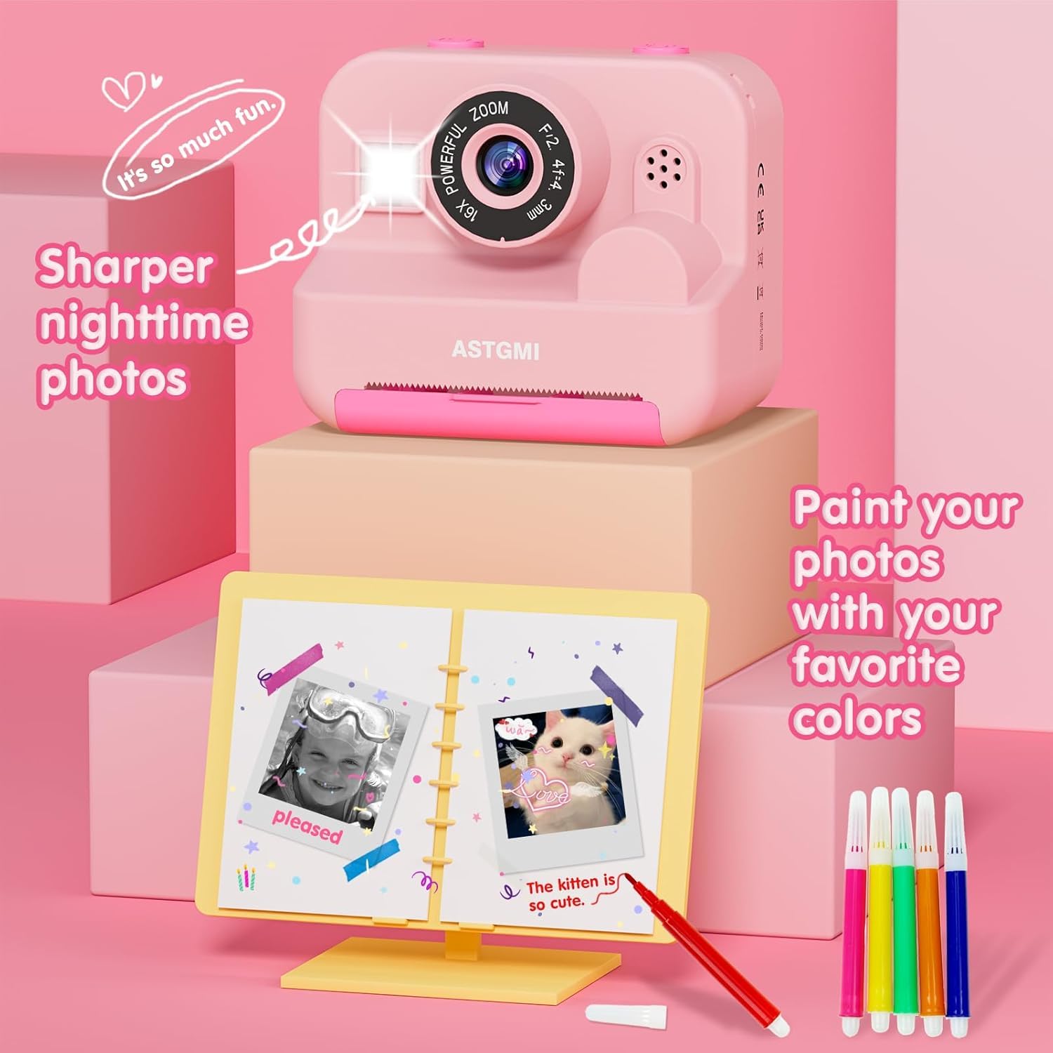 ASTGMI Appareil Photo Instantané, 2.4" Écran Appareil Photo Enfant avec Papier d'impression et Carte 32GB, Mode Selfie et Video, Cadeau Jouet pour Enfant Garçons Filles de 3-14 Ans(Rose)