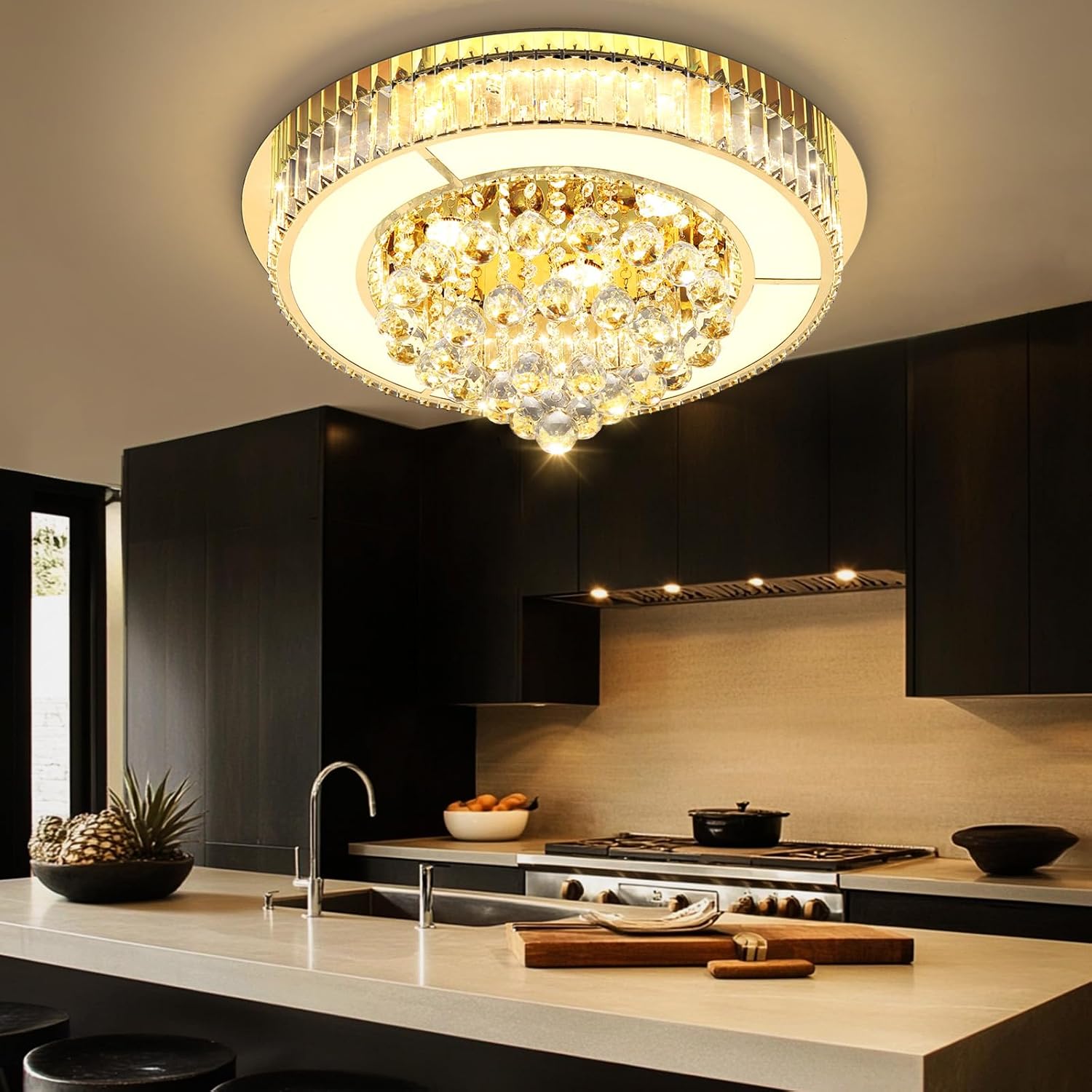 24" Modern Crystal Dimmable Chandeliers for Living Room LED Chandeliers Flush Mount Ceiling Light Fixture Dining Room Bedrooms Gold